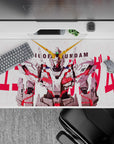 40x20 inches anime desk pad in crisp white and gray armor tones with neon red psycho-frame glow, heroic vibe.