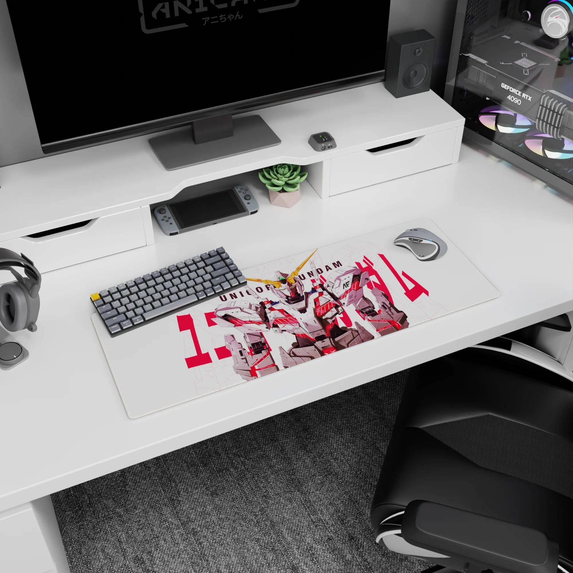 32x12 inches anime mouse pad featuring RX-0 Unicorn Gundam staring forward with gold V-fin and red frame lines.