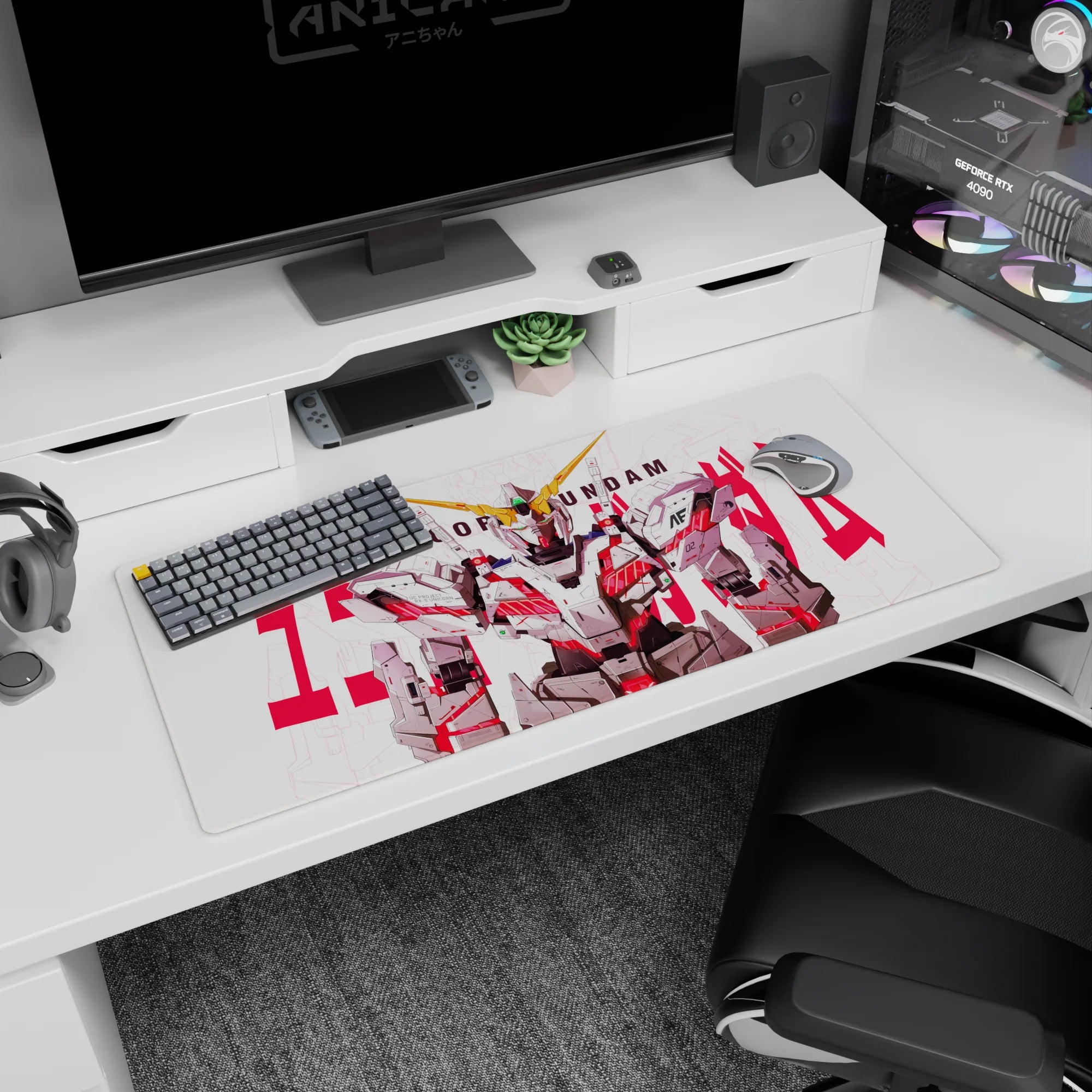 RX-0 Unicorn Gundam staring forward on an anime desk pad 36x16 inches, crisp armor and red accents.
