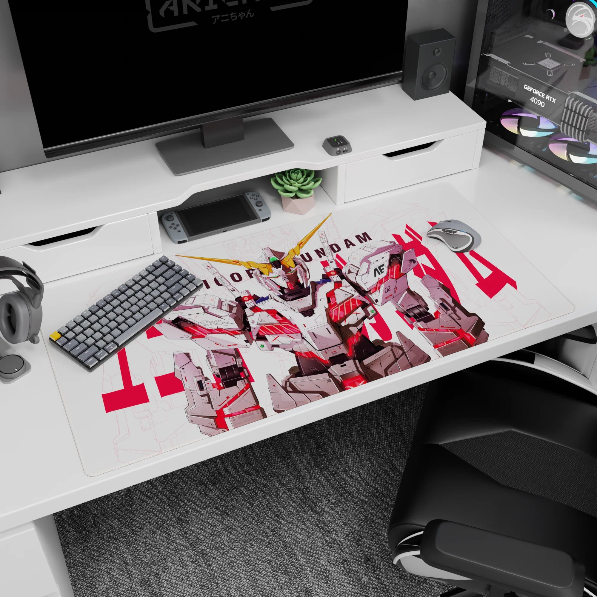 40x20 inches Mobile Suit Gundam Unicorn desk pad featuring RX-0 Unicorn Gundam staring forward over your setup.