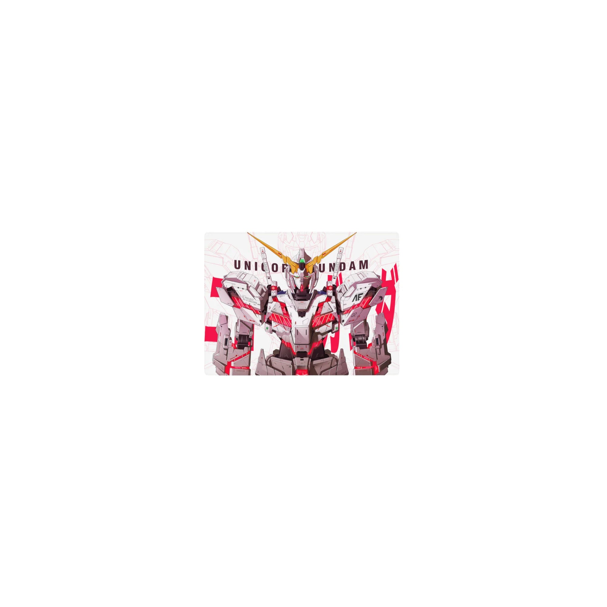 Classic anime mouse pad 14x10 inches with Unicorn Gundam art, gold V-fin, red typography, clean mech style.