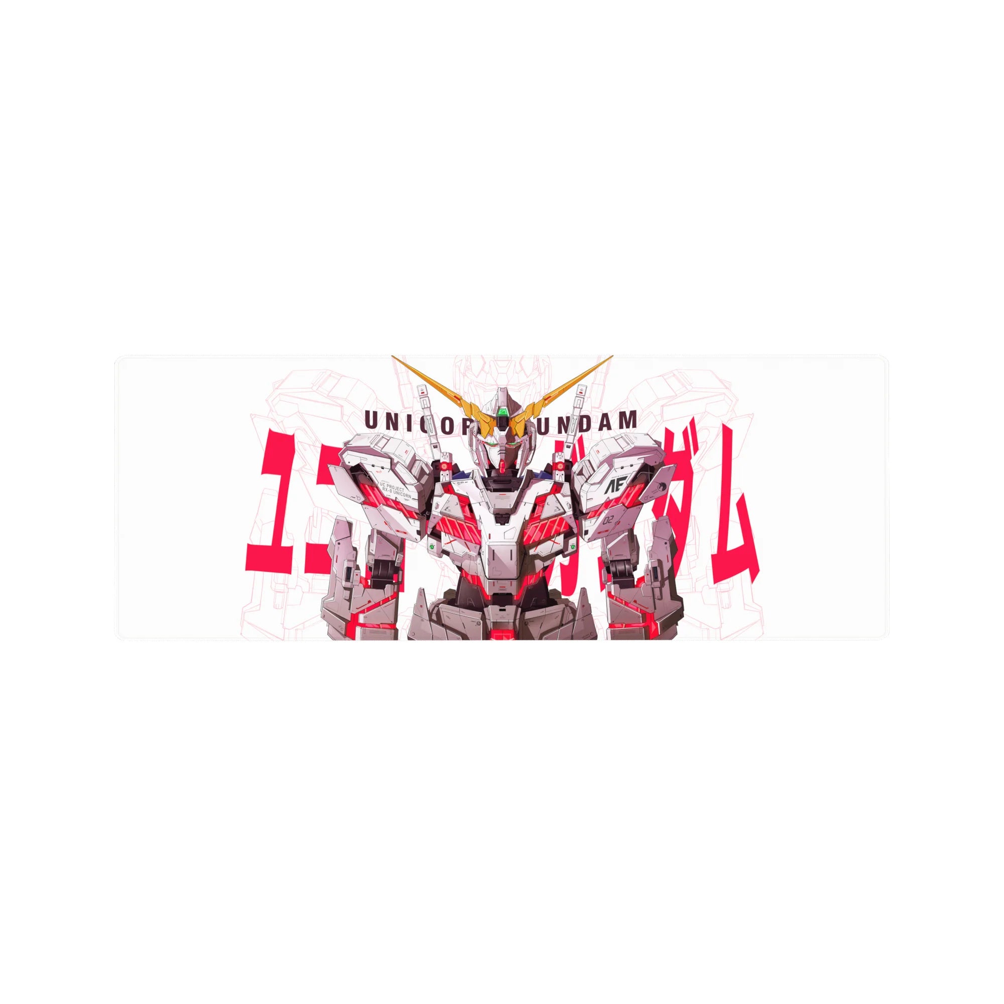 32x12 inches anime mouse pad with Unicorn Gundam mecha art, clean backdrop, bold red typography.