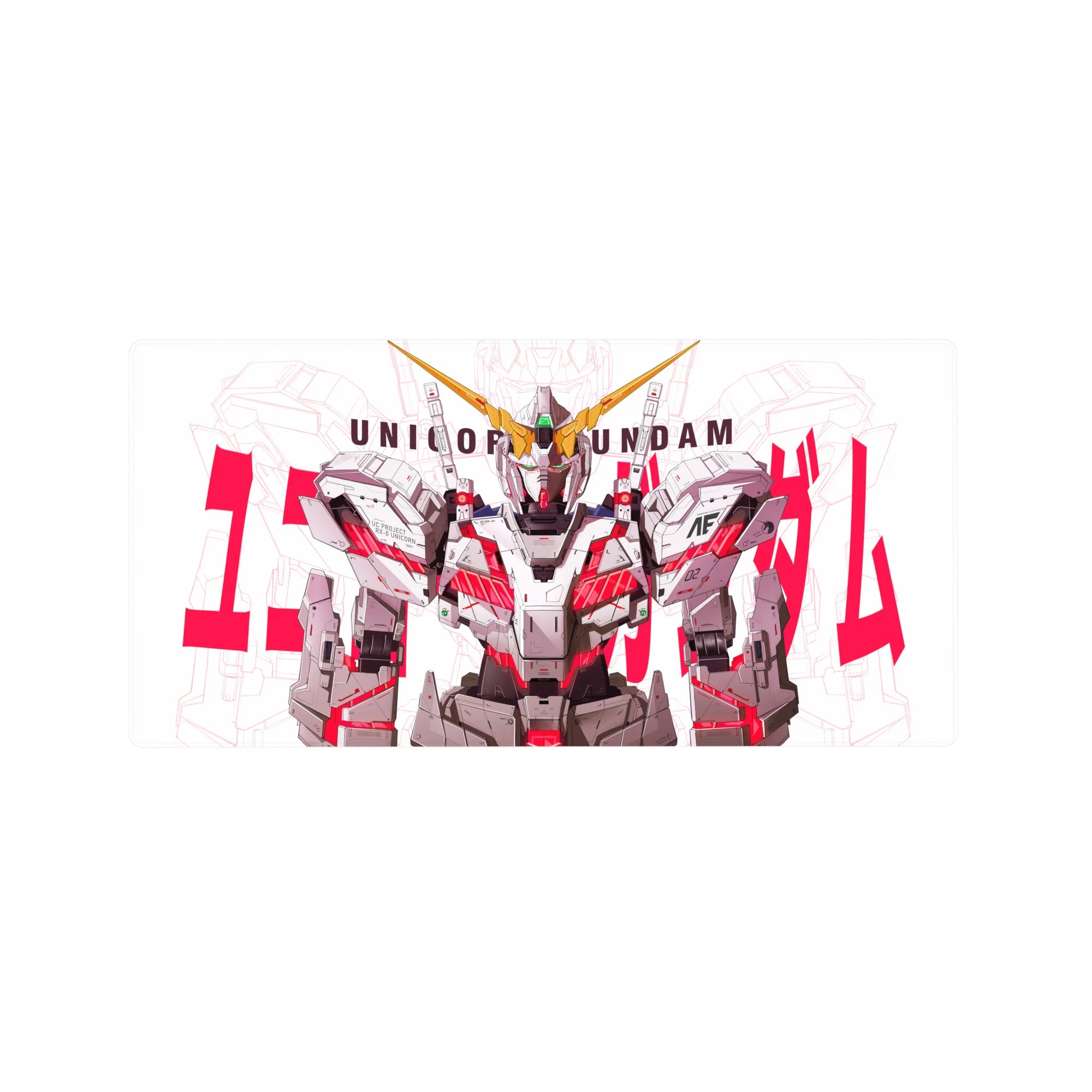 32x16 inches anime mouse pad with Unicorn Gundam art, crisp white mech, gray armor, red typography.