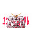 32x16 inches anime mouse pad with Unicorn Gundam art, crisp white mech, gray armor, red typography.