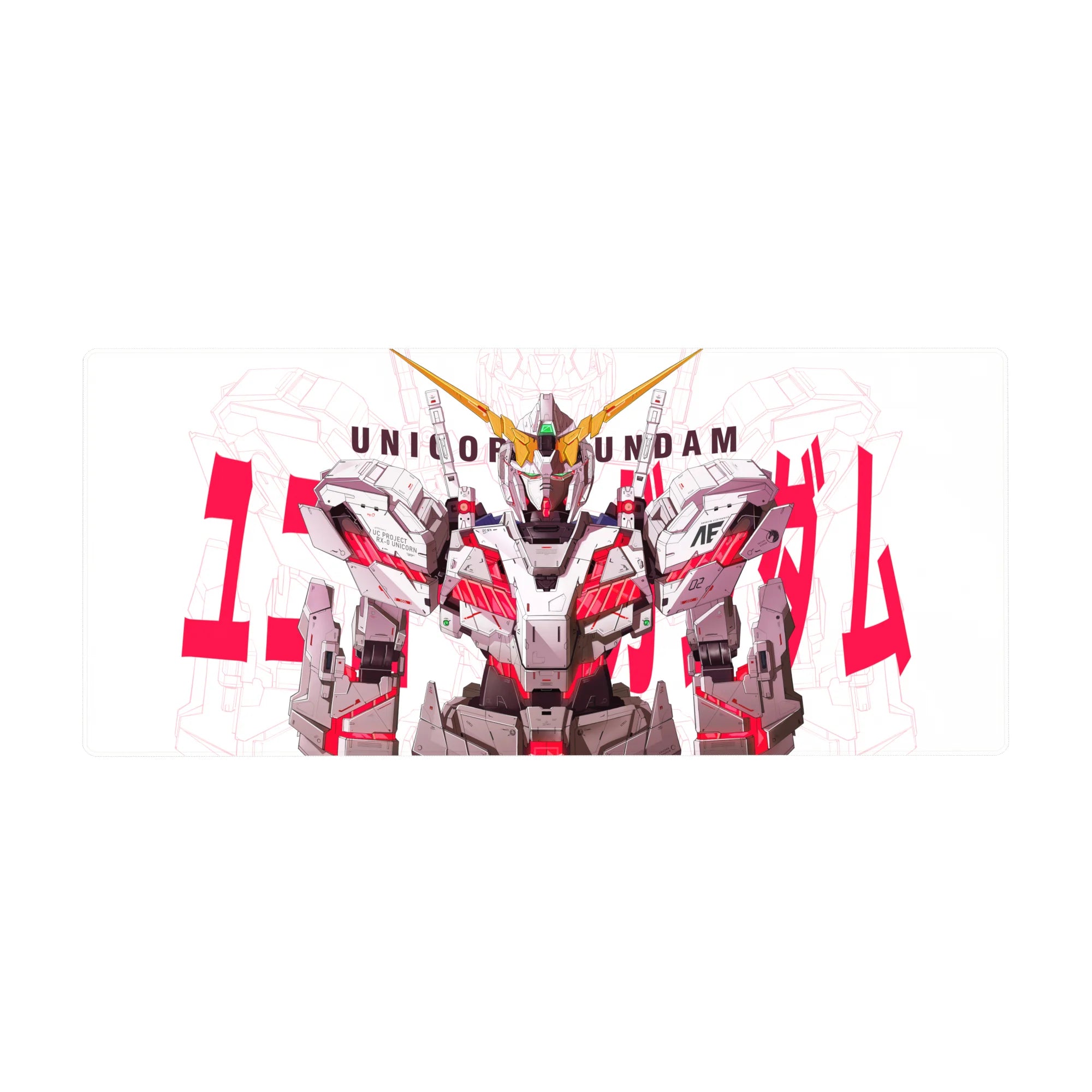 Mobile Suit Gundam Unicorn anime desk pad 36x16 inches with RX-0 Unicorn Gundam and bold red type.