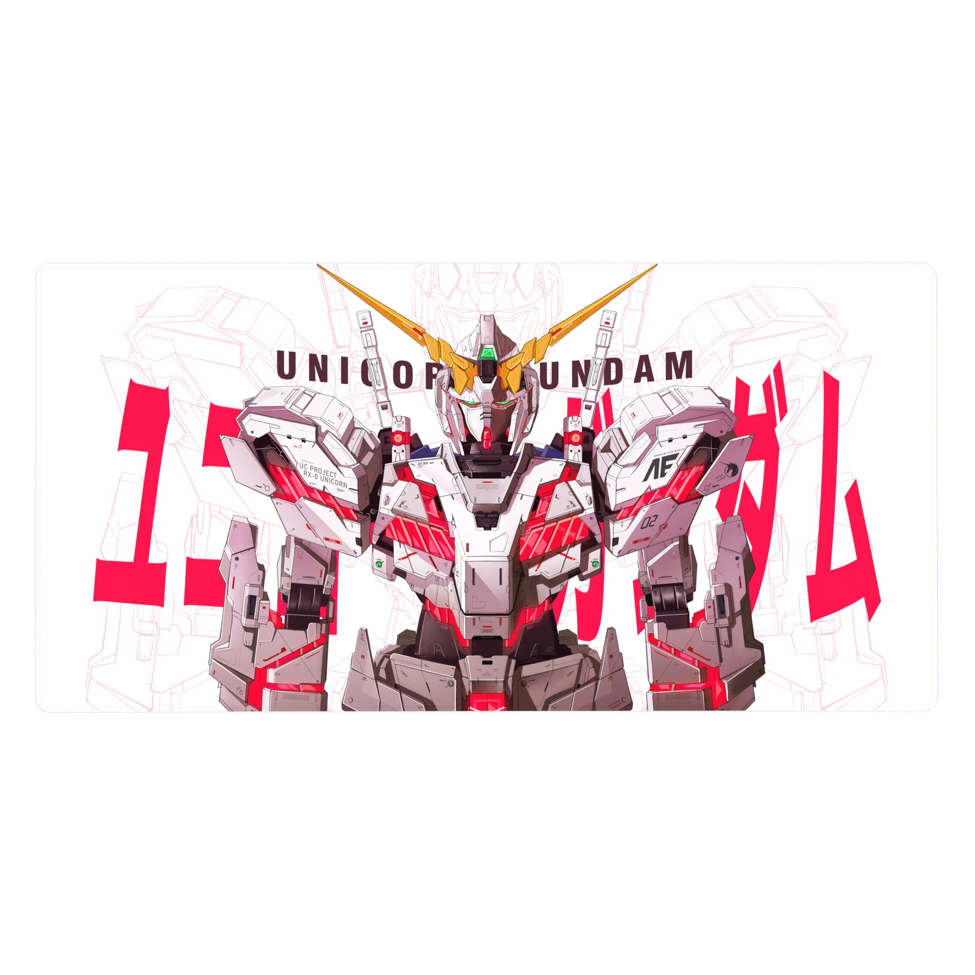 40x20 inches anime desk pad with Unicorn Gundam mech art, gold V-fin, red typography, clean layout.