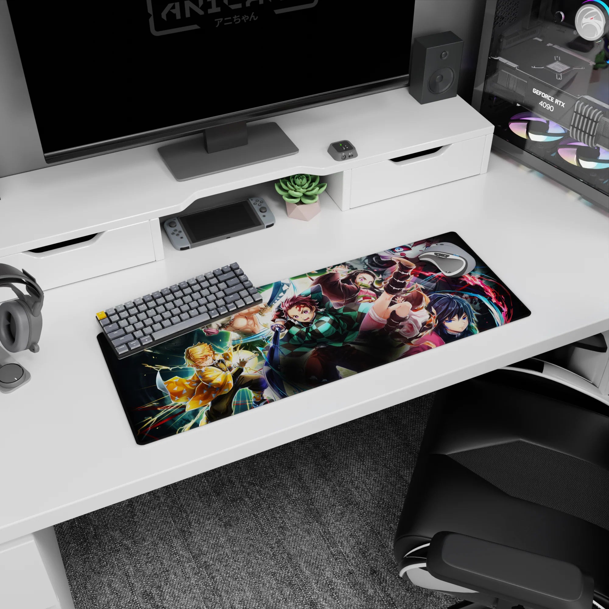 Demon Slayer mouse pad 32x12 inches featuring Tanjiro, Nezuko, Zenitsu, Inosuke, and Giyu in action with vibrant colors.