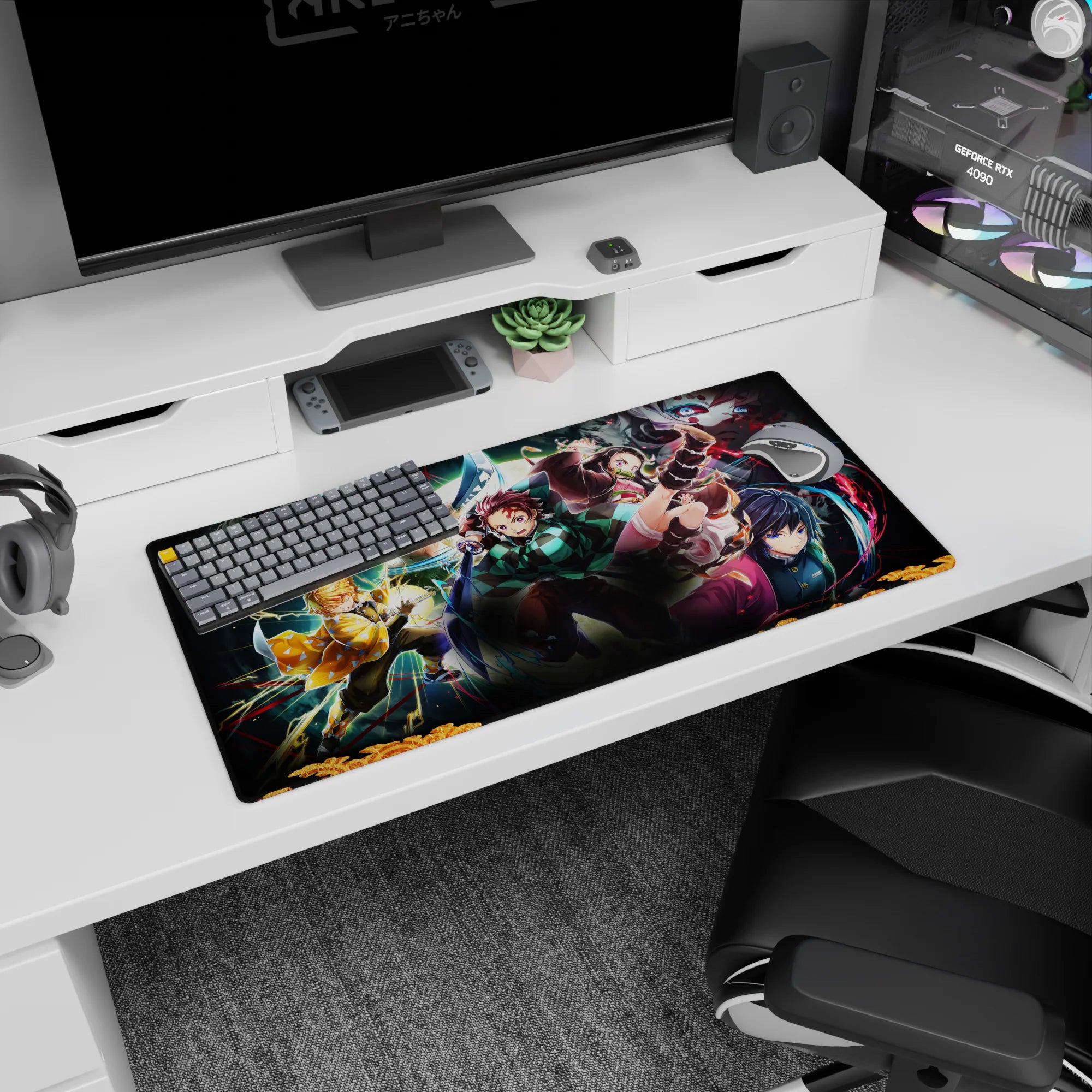 Anime mouse pad 32x16 inches featuring Tanjiro, Nezuko, Zenitsu, Inosuke, and Giyu from Demon Slayer in battle.