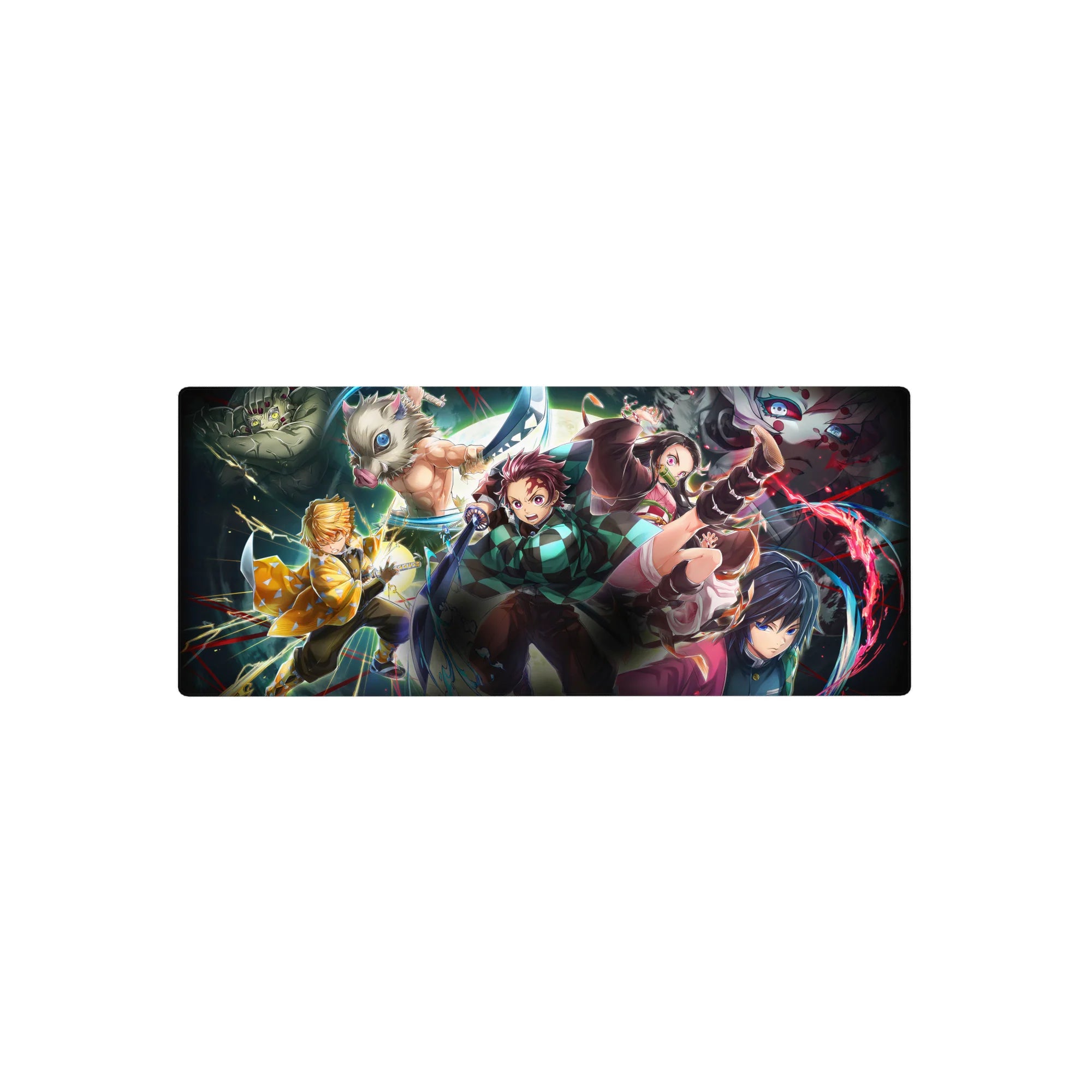 Anime mouse pad 28x12 inches featuring Tanjiro, Nezuko, Zenitsu, Inosuke, Giyu from Demon Slayer in dynamic action.