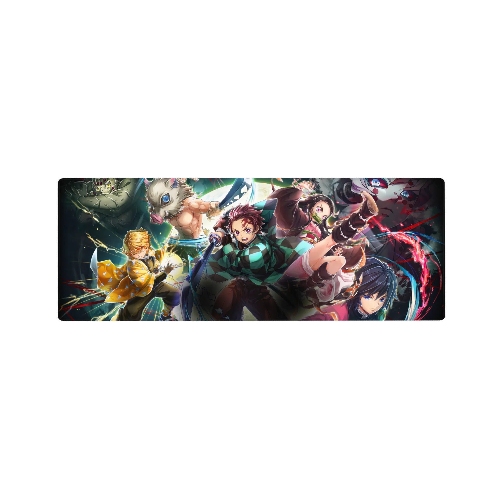 Anime mouse pad 32x12 inches featuring Tanjiro, Nezuko, Zenitsu, Inosuke, and Giyu from Demon Slayer in action-packed scene.