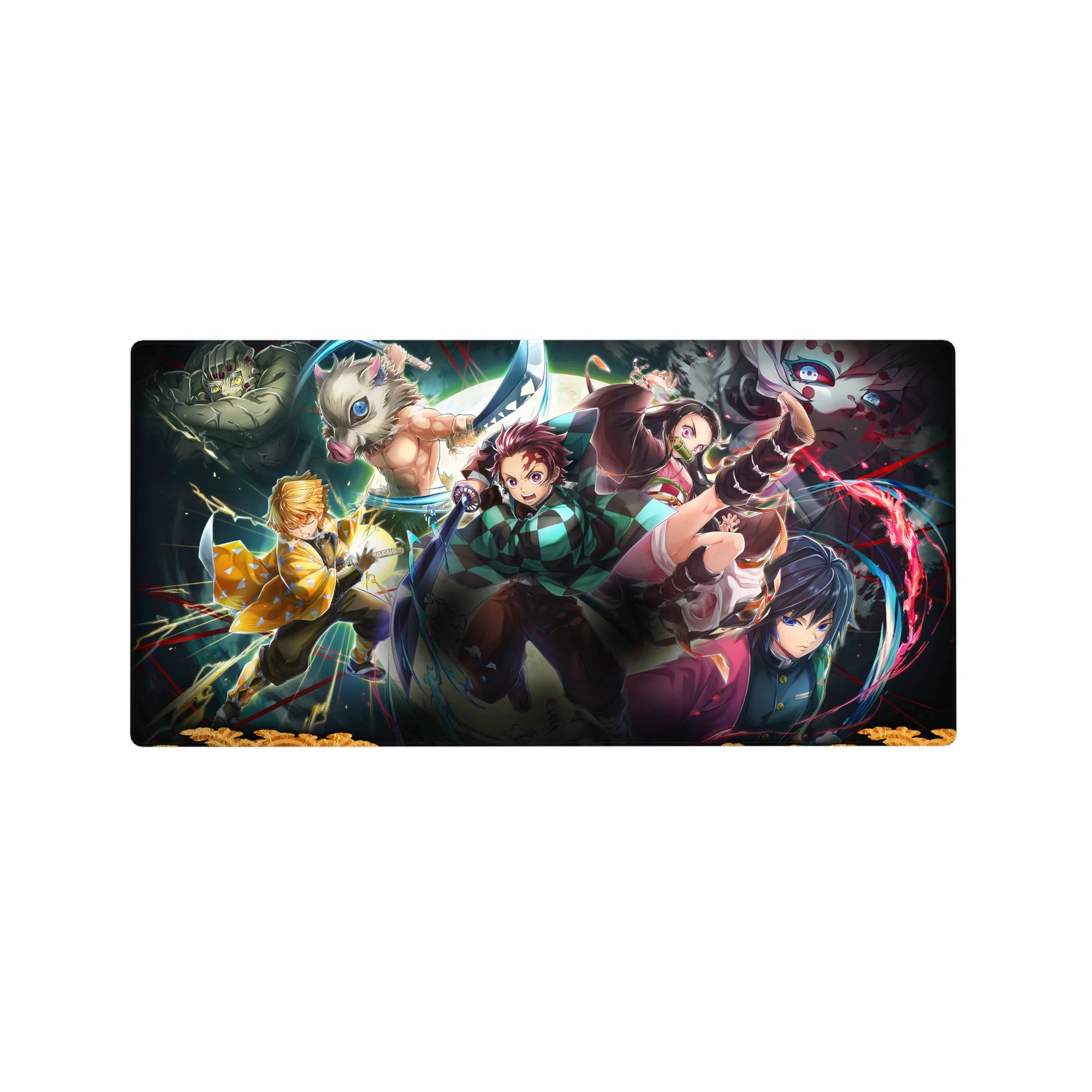 Demon Slayer anime mouse pad 32x16 inches featuring Tanjiro, Nezuko, Zenitsu, Inosuke, and Giyu in an action-packed scene.