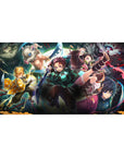 Anime desk pad 40x20 inches featuring Demon Slayer's Tanjiro, Nezuko, Zenitsu, Inosuke, Giyu in an action-packed scene.