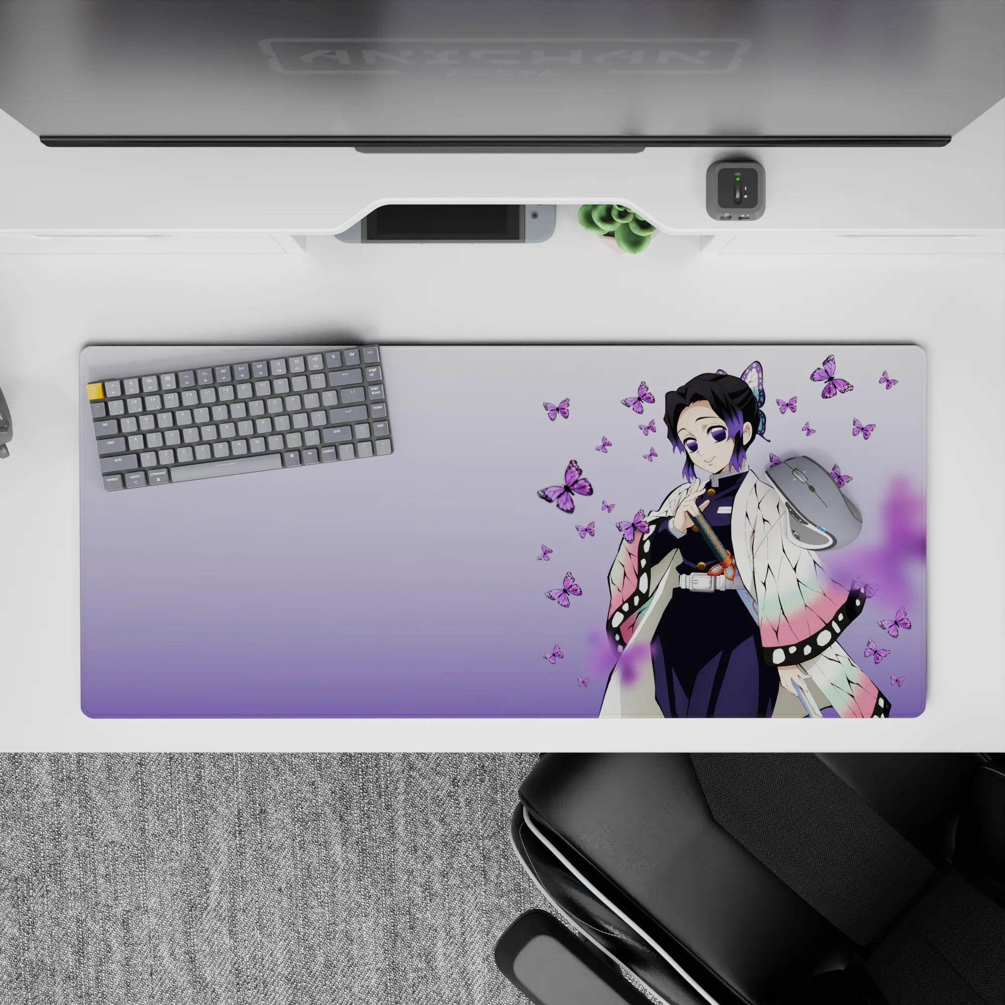 Anime desk pad 36x16 inches featuring Shinobu Kocho from Demon Slayer with purple butterfly accents and pastel haori.