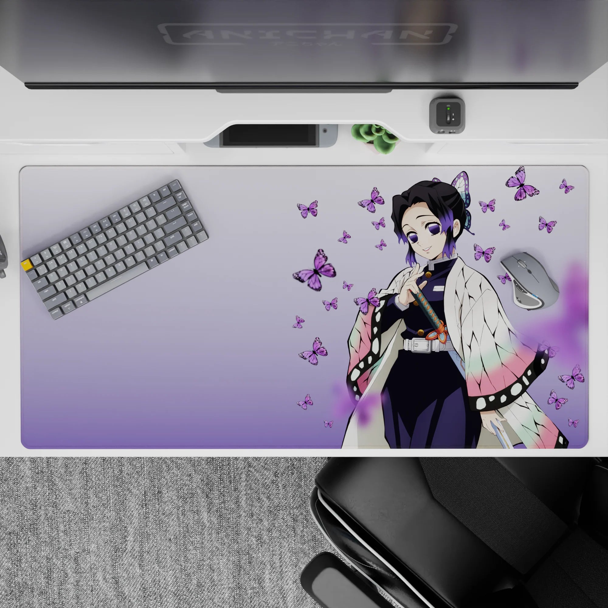 Anime desk pad 40x20 inches featuring Shinobu Kocho from Demon Slayer with purple butterfly accents on a misty gradient.