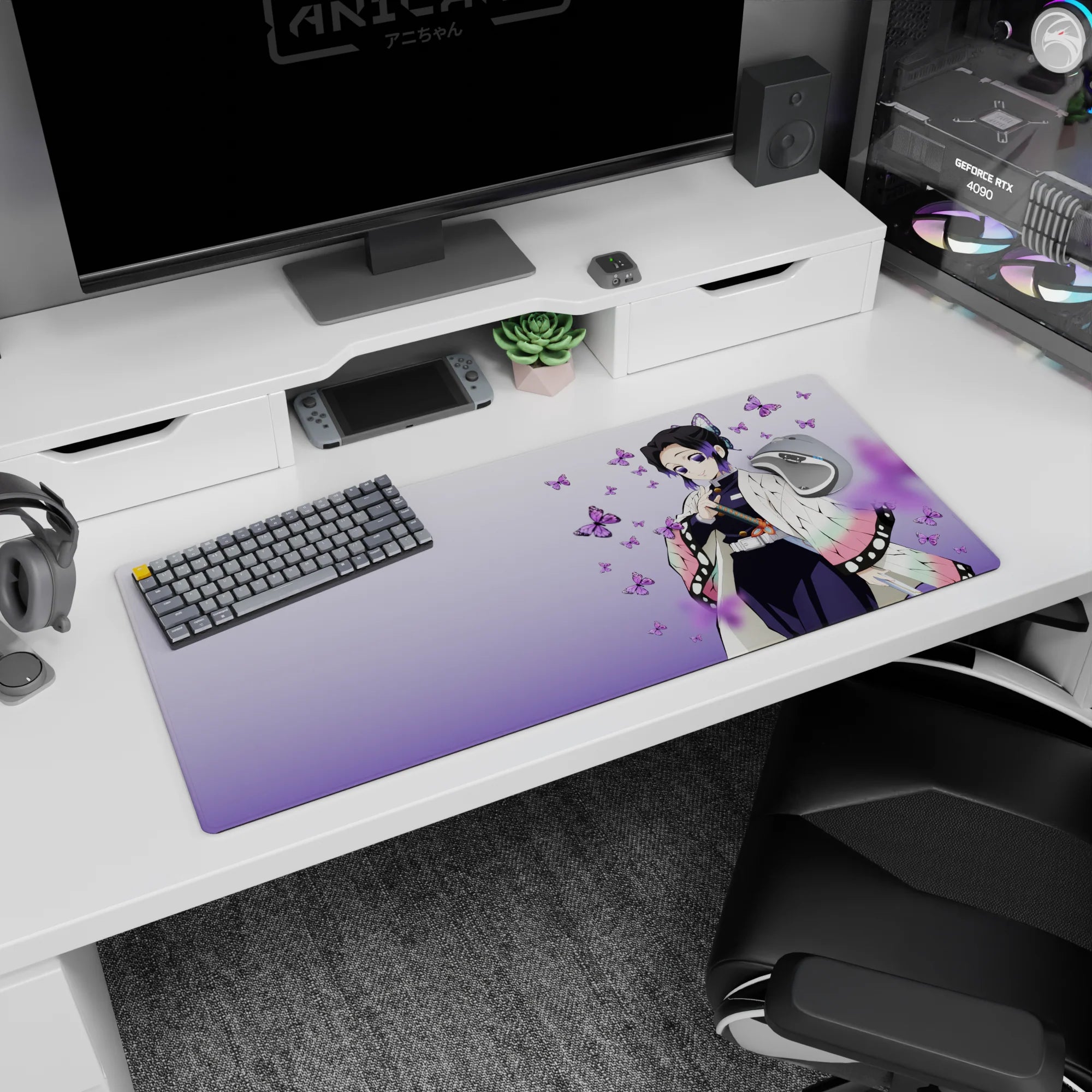 Anime desk pad 36x16 inches featuring Shinobu Kocho from Demon Slayer with purple butterfly accents and pastel haori.