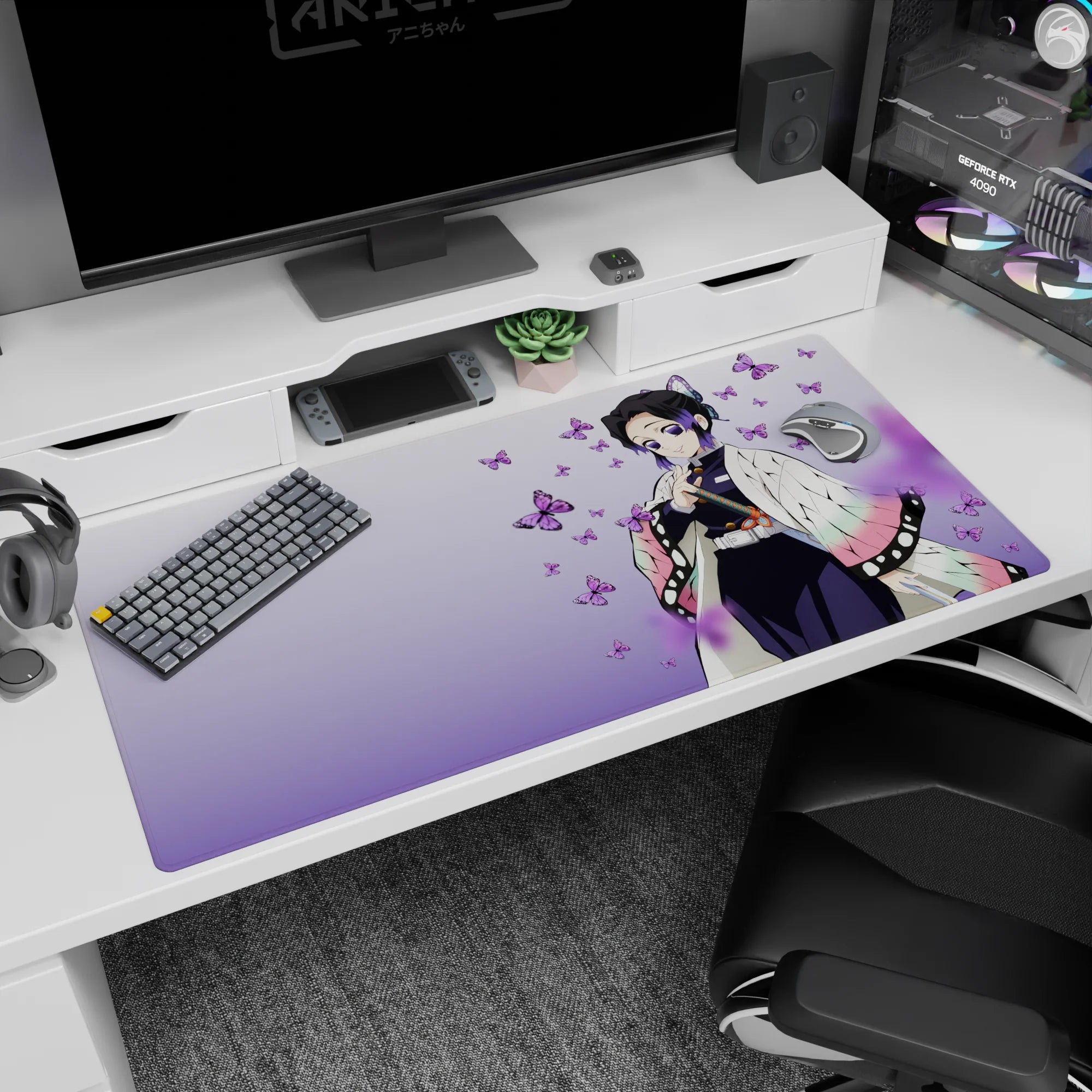 Anime desk pad 40x20 inches featuring Shinobu Kocho from Demon Slayer with purple butterfly accents and pastel haori.