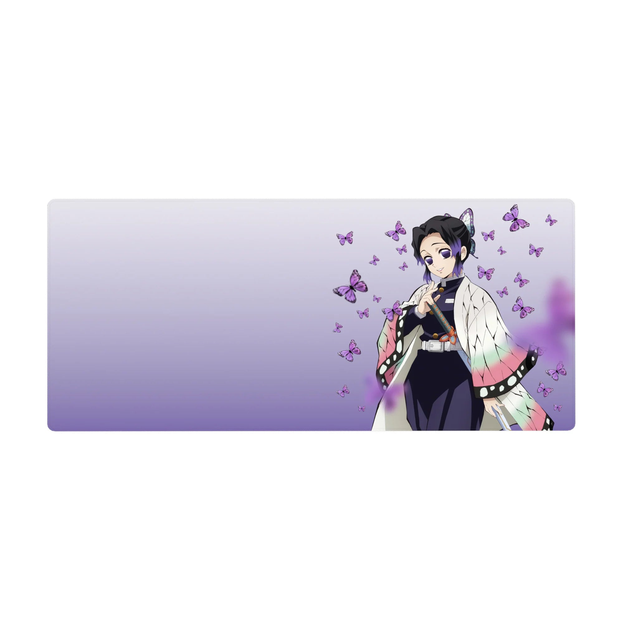 Shinobu Kocho anime desk pad from Demon Slayer, 36x16 inches, with purple butterfly accents on a misty gradient background.