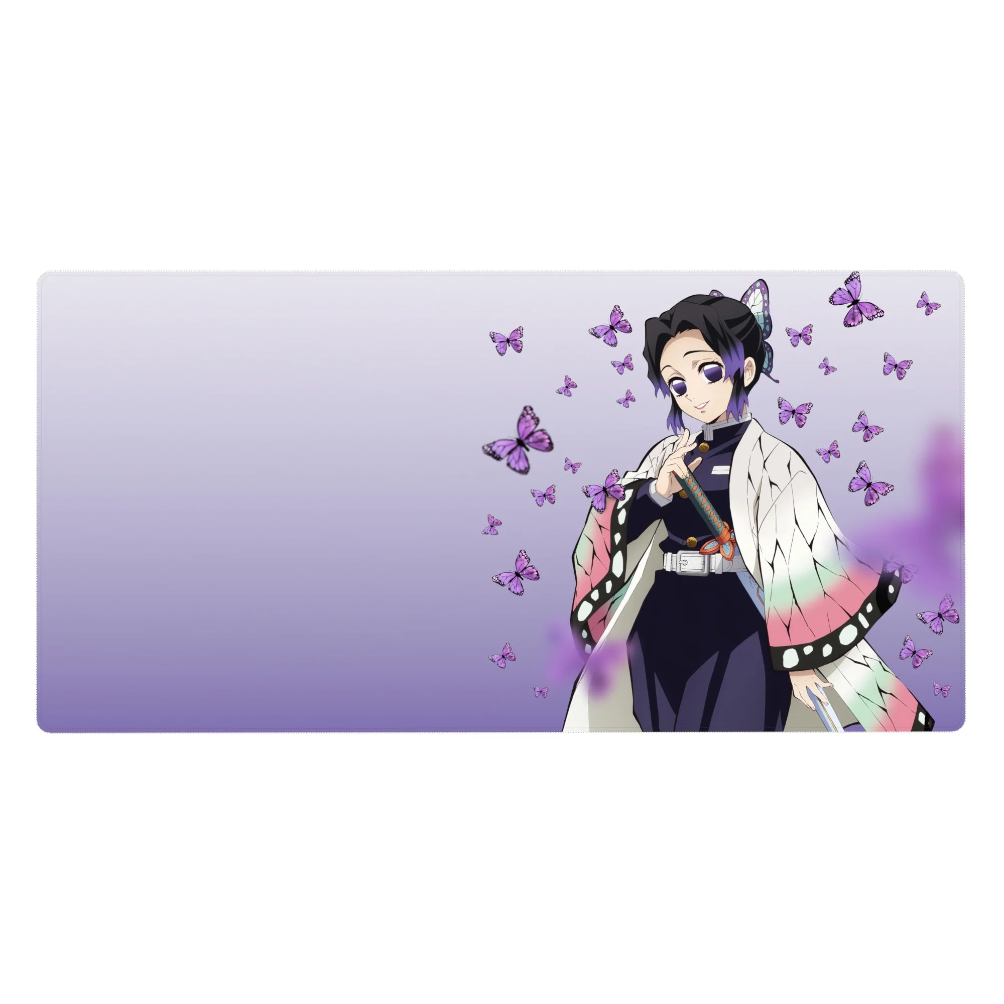 Anime desk pad 40x20 inches featuring Shinobu Kocho from Demon Slayer, with purple butterfly accents and pastel haori.