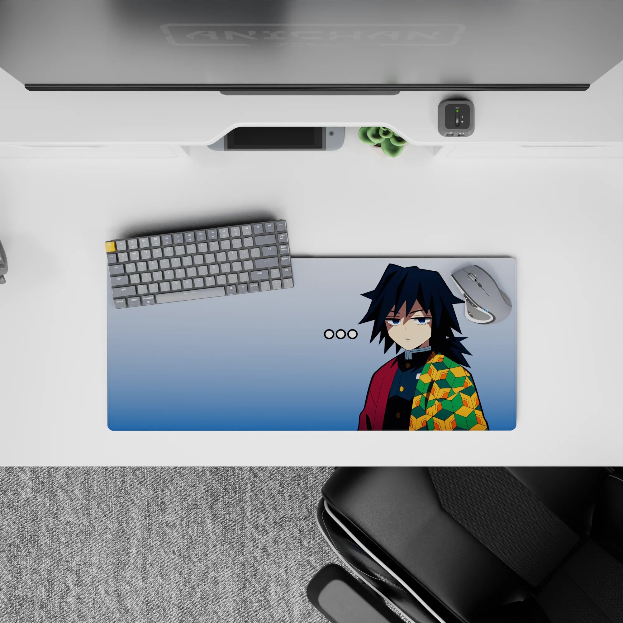 Giyu Tomioka anime mouse pad, 28x12 inches, featuring iconic haori design in rich greens and blues for a cool setup.