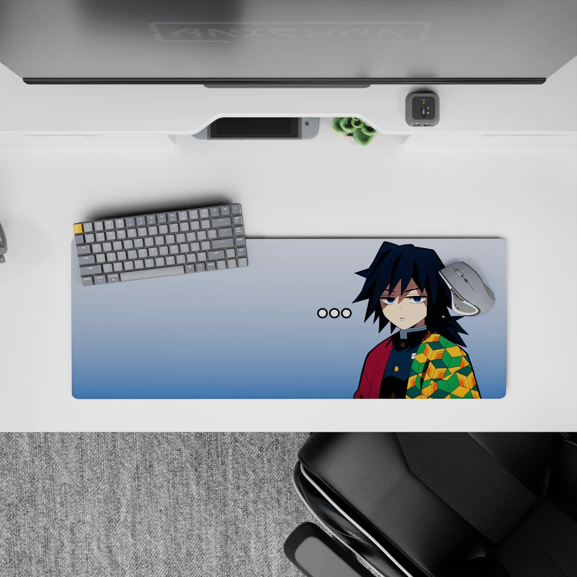 Anime mouse pad, 32x12 inches, featuring Giyu Tomioka from Demon Slayer with his iconic cool and patterned haori design.