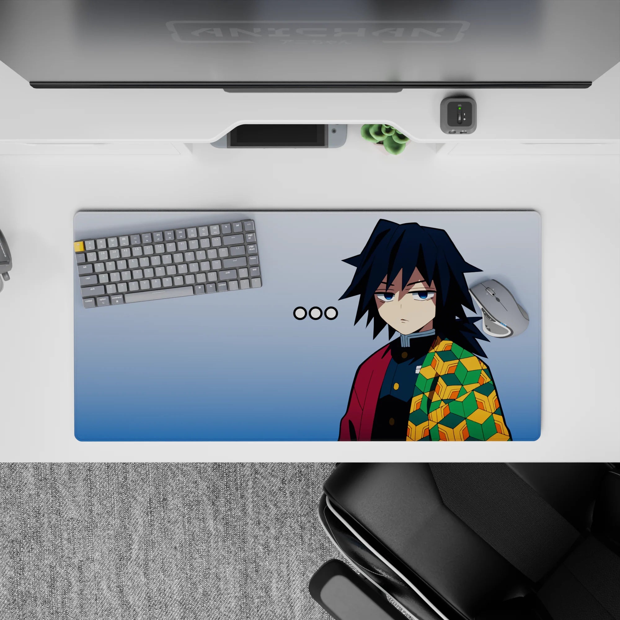 Anime mouse pad 32x16 inches featuring Giyu Tomioka's haori pattern from Demon Slayer, minimalist style with cool tones.