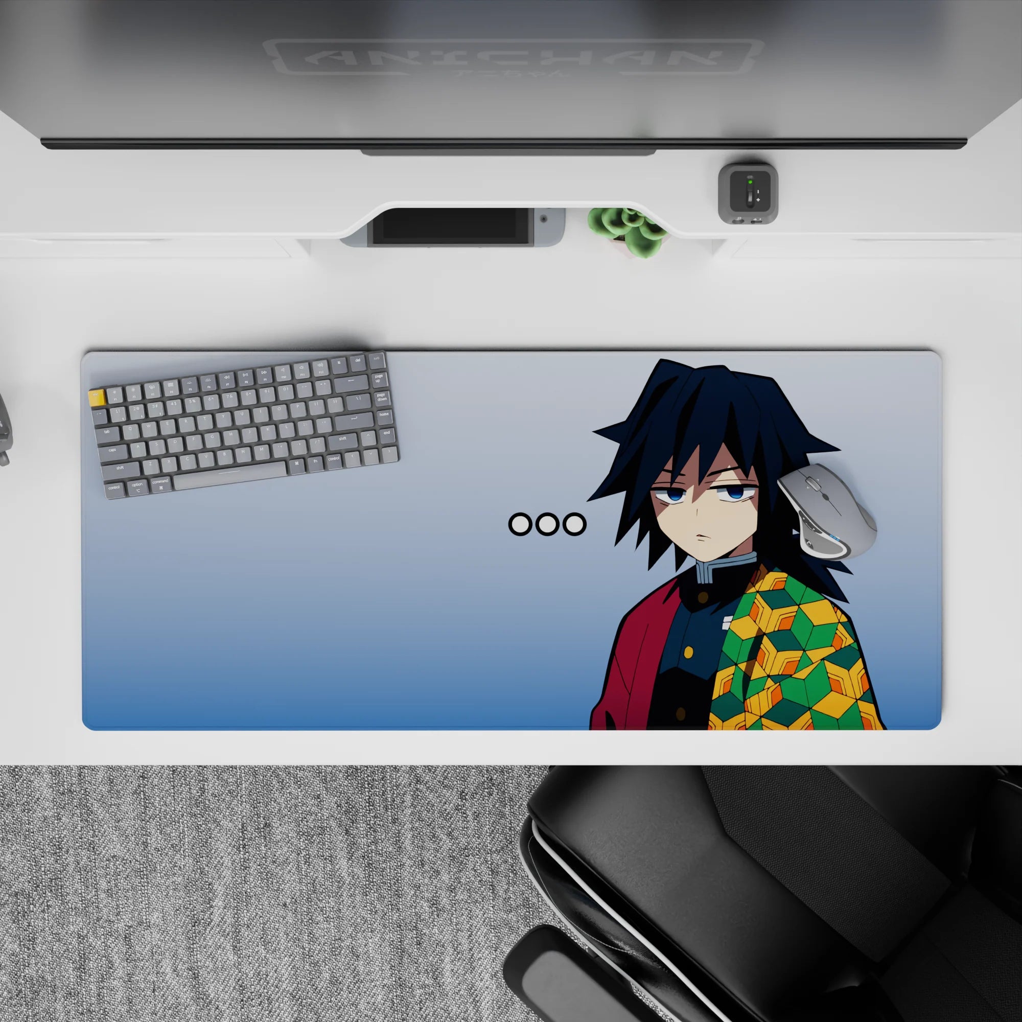 Anime desk pad 36x16 inches featuring Giyu Tomioka from Demon Slayer, showcasing his iconic haori and cool demeanor.