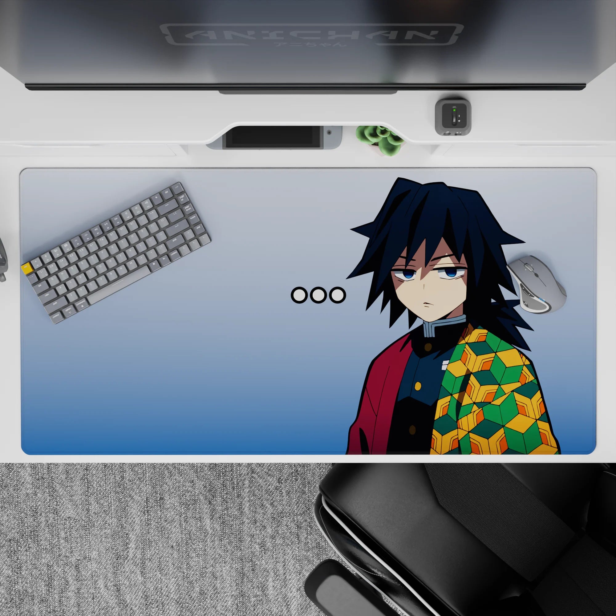 Giyu Tomioka anime desk pad 40x20 inches, features his iconic cool stare and patterned haori in rich colors.