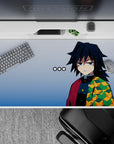 Giyu Tomioka anime desk pad 40x20 inches, features his iconic cool stare and patterned haori in rich colors.