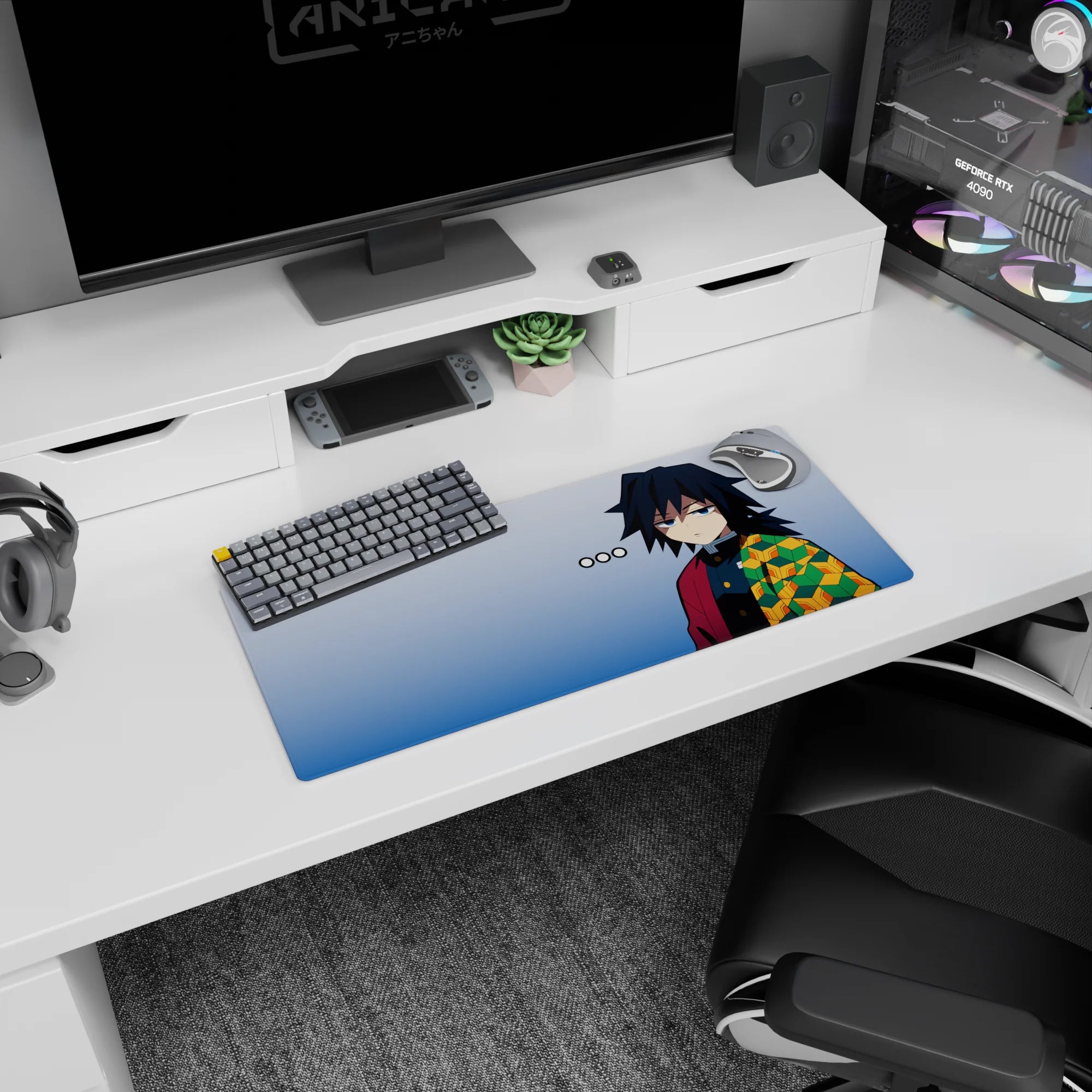Giyu Tomioka anime mouse pad, 28x12 inches, featuring his iconic stare and haori pattern, perfect for any fan's setup.