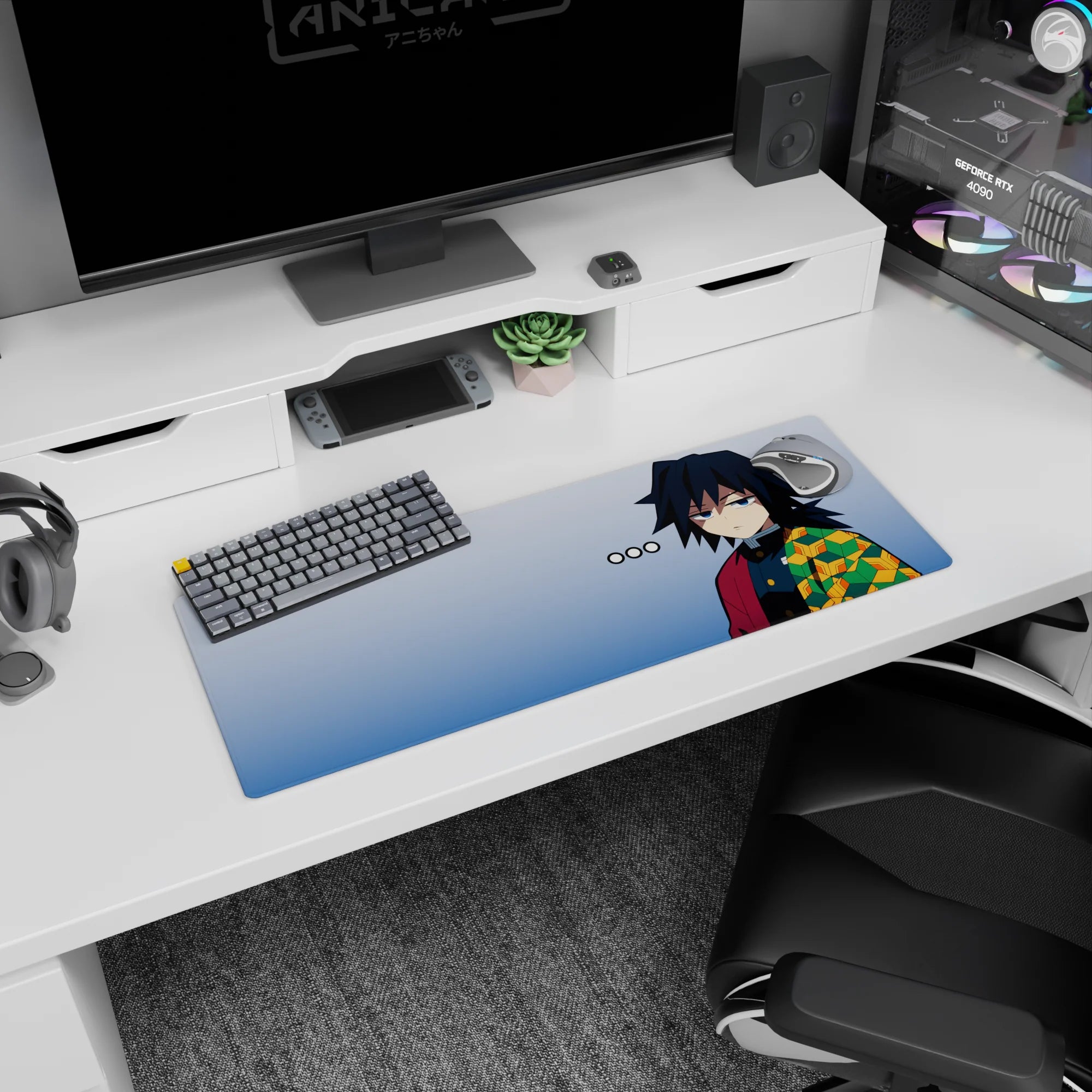Giyu Tomioka anime mouse pad 32x12 inches, featuring his iconic stare and patterned haori in greens, golds, and oranges.
