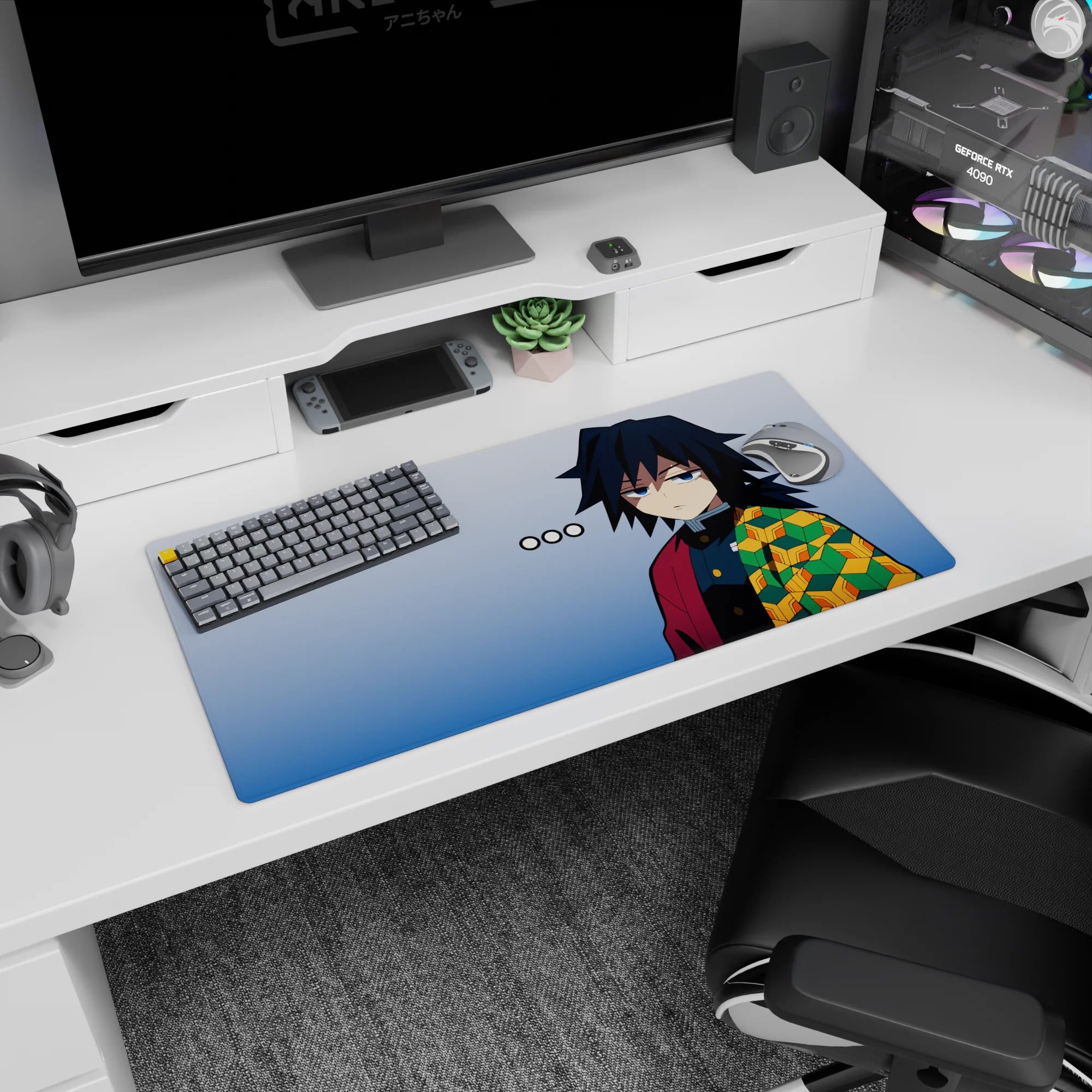 Anime mouse pad featuring Giyu Tomioka from Demon Slayer, 32x16 inches, showcasing minimalist design with patterned haori.
