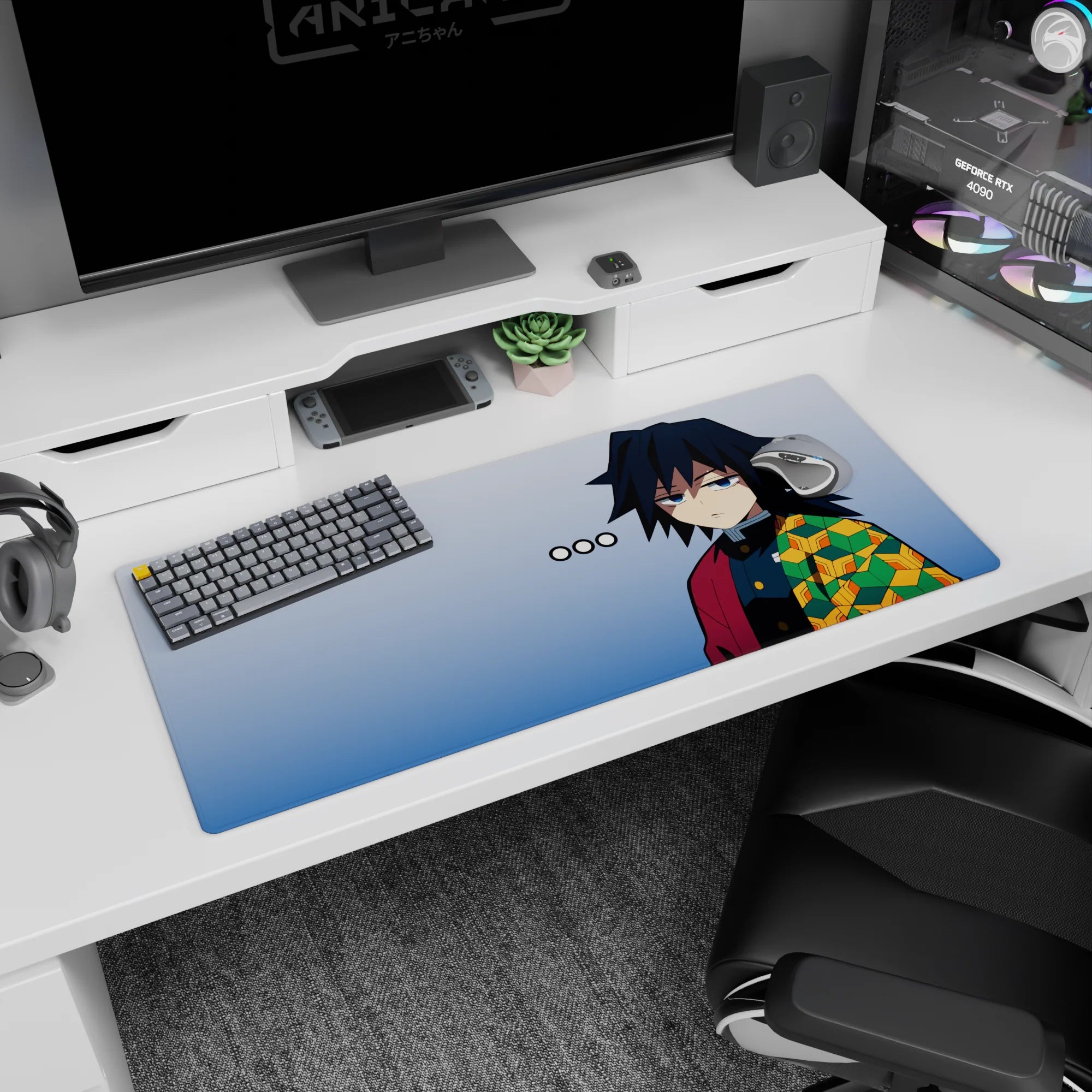 Anime desk pad featuring Giyu Tomioka from Demon Slayer with a 36x16 inch size, showcasing his iconic haori and cool demeanor.