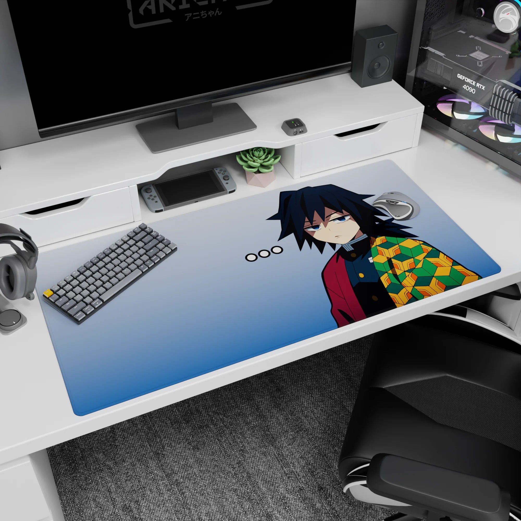 Anime desk pad featuring Giyu Tomioka from Demon Slayer, 40x20 inches, with a cool stare and patterned haori design.
