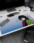 Anime desk pad featuring Giyu Tomioka from Demon Slayer, 40x20 inches, with a cool stare and patterned haori design.
