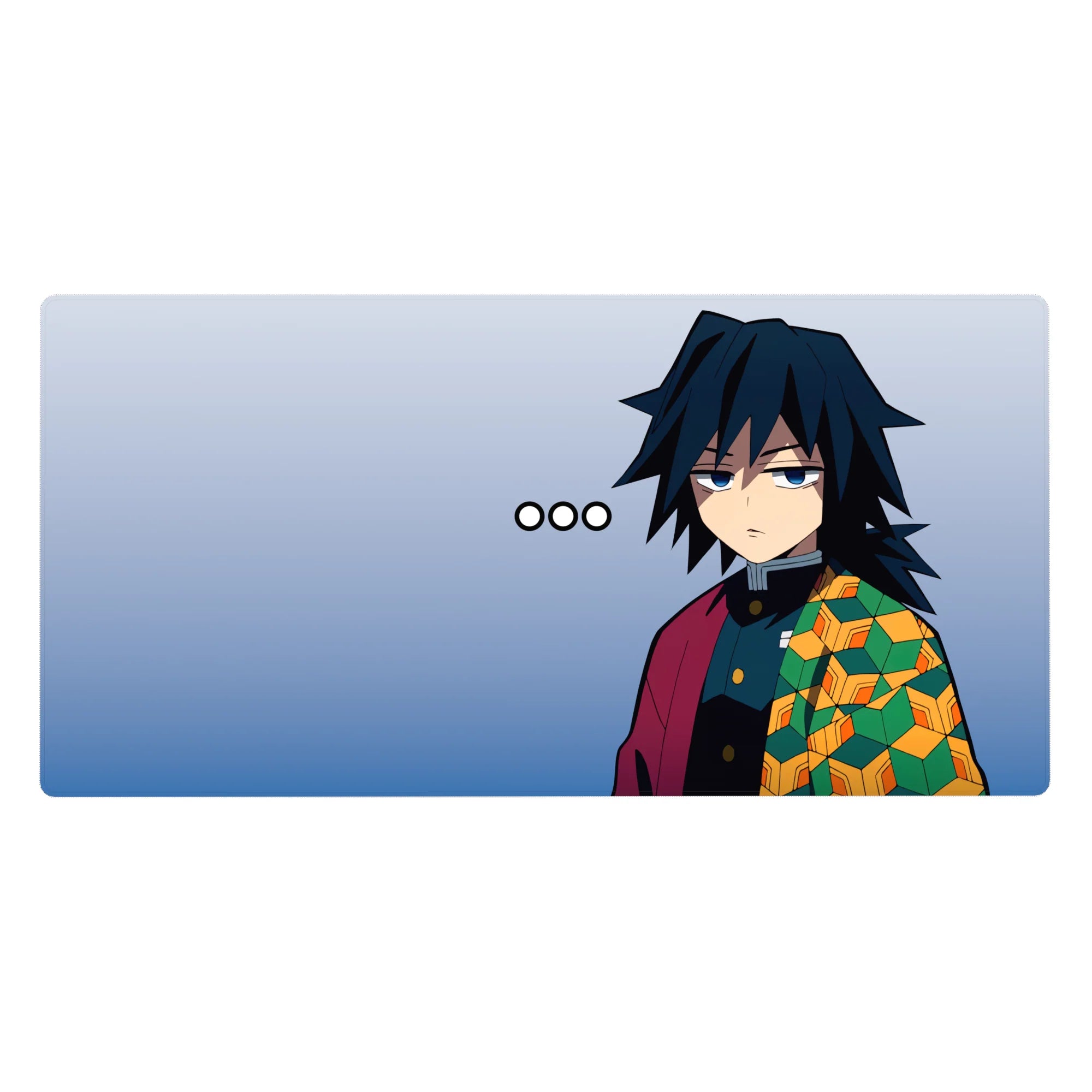 Anime desk pad featuring Giyu Tomioka from Demon Slayer, 40x20 inches. Cool stare, minimalist design with rich colors.