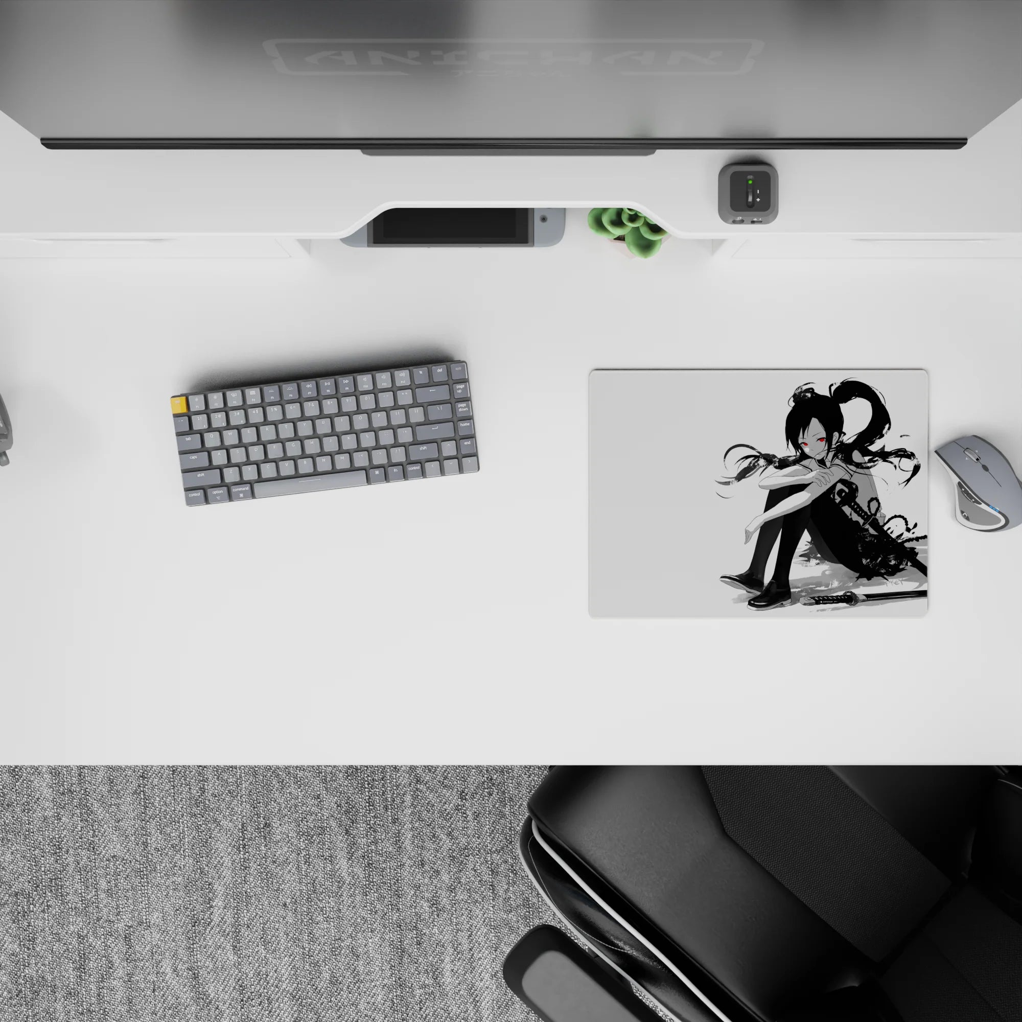 14x10 inches anime mouse pad in black, white, and red—calm cozy vibe with sharp ink-drama contrast.