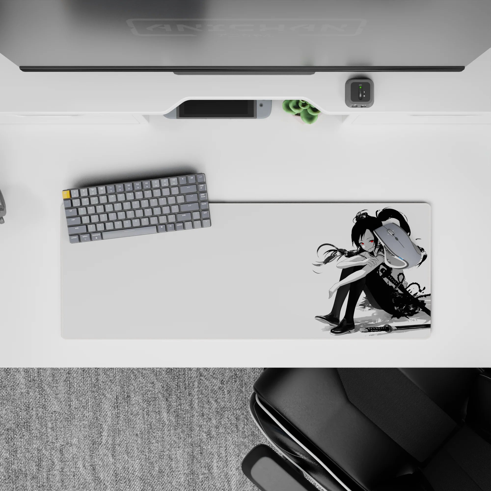 32x12 inches black, white, and red anime mouse pad with calm cozy vibe and subtle danger mood.