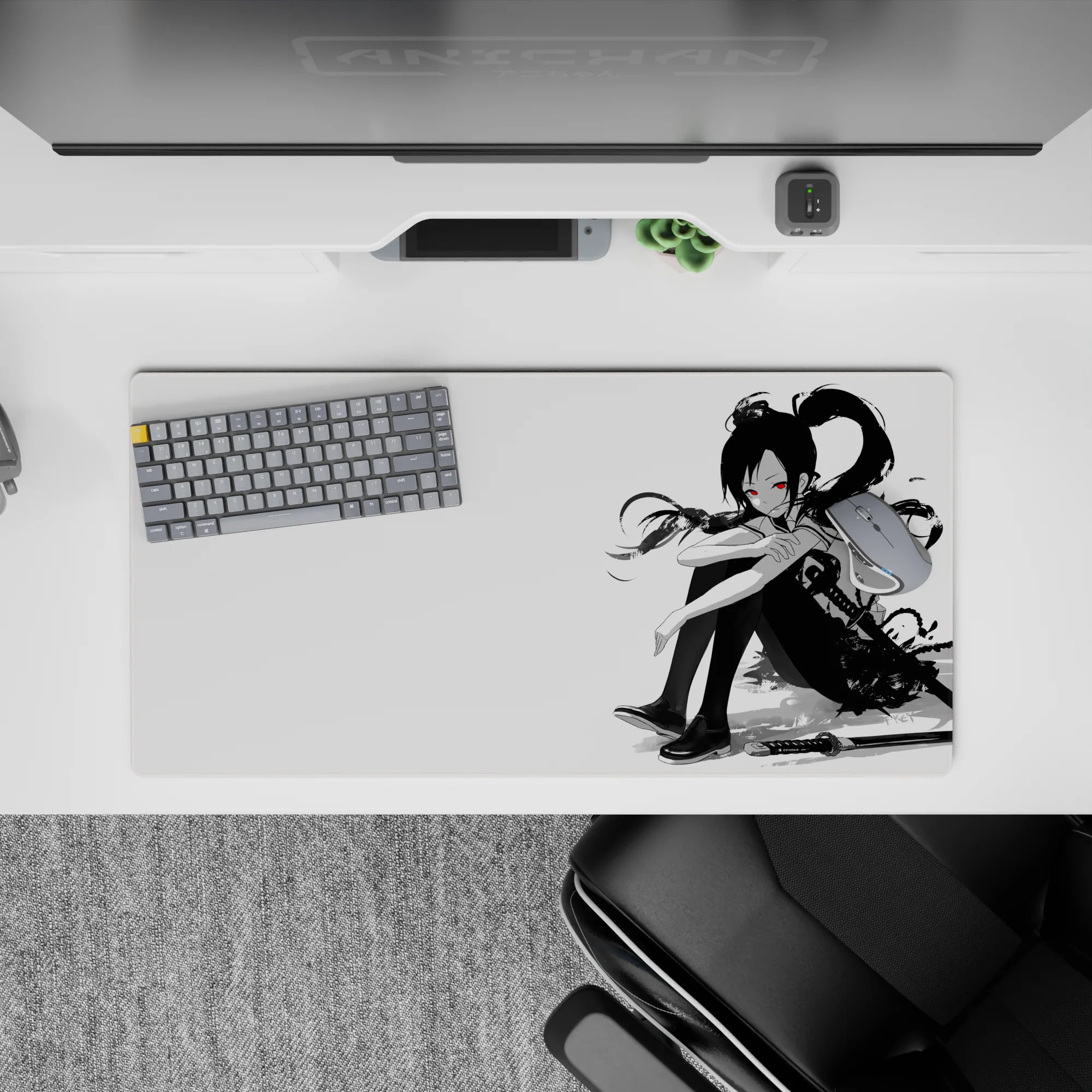 32x16 inches mouse pad in black, white, and red; calm cozy vibe with sharp ink-brush drama.