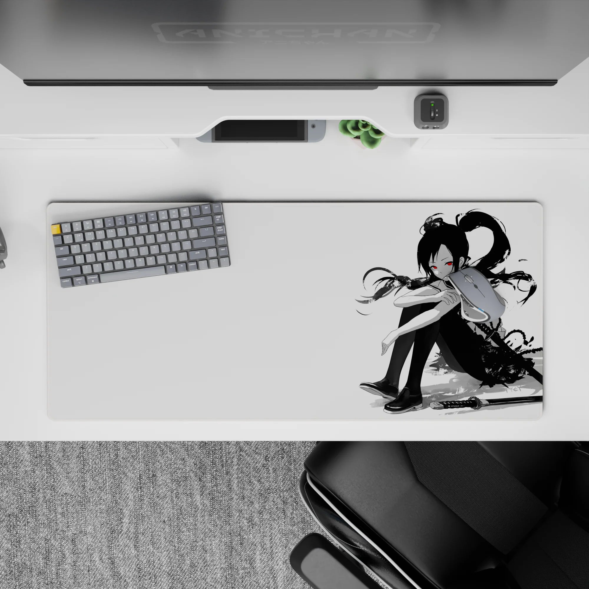 Minimal black, white, and red 36x16 inches anime desk pad with calm cute vibe and a sharp edge.