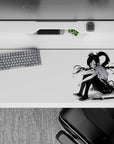 Minimal black, white, and red 36x16 inches anime desk pad with calm cute vibe and a sharp edge.