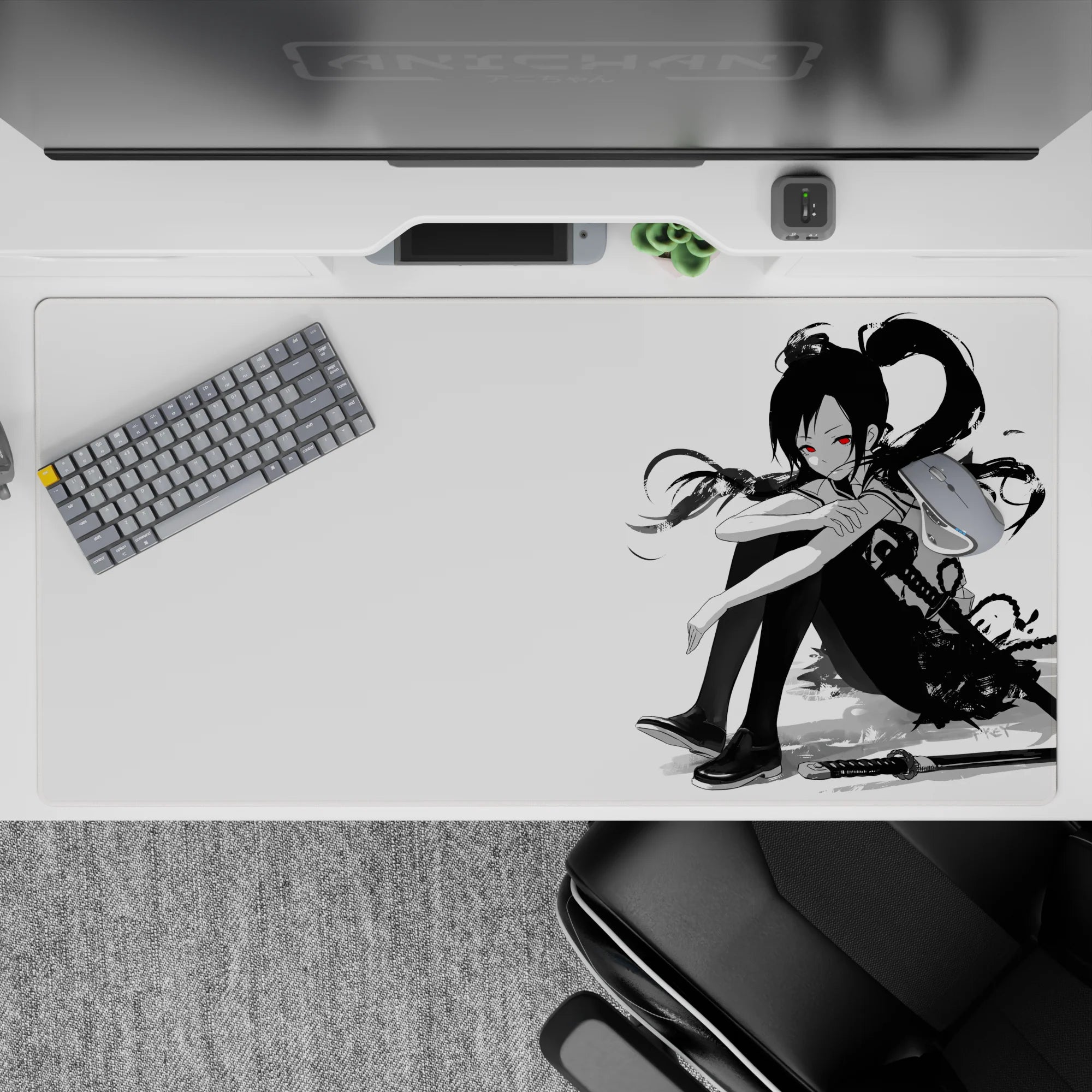 Black-and-white anime desk pad 40x20 inches with red-eyed girl and bold brushstroke energy, cozy edgy vibe.