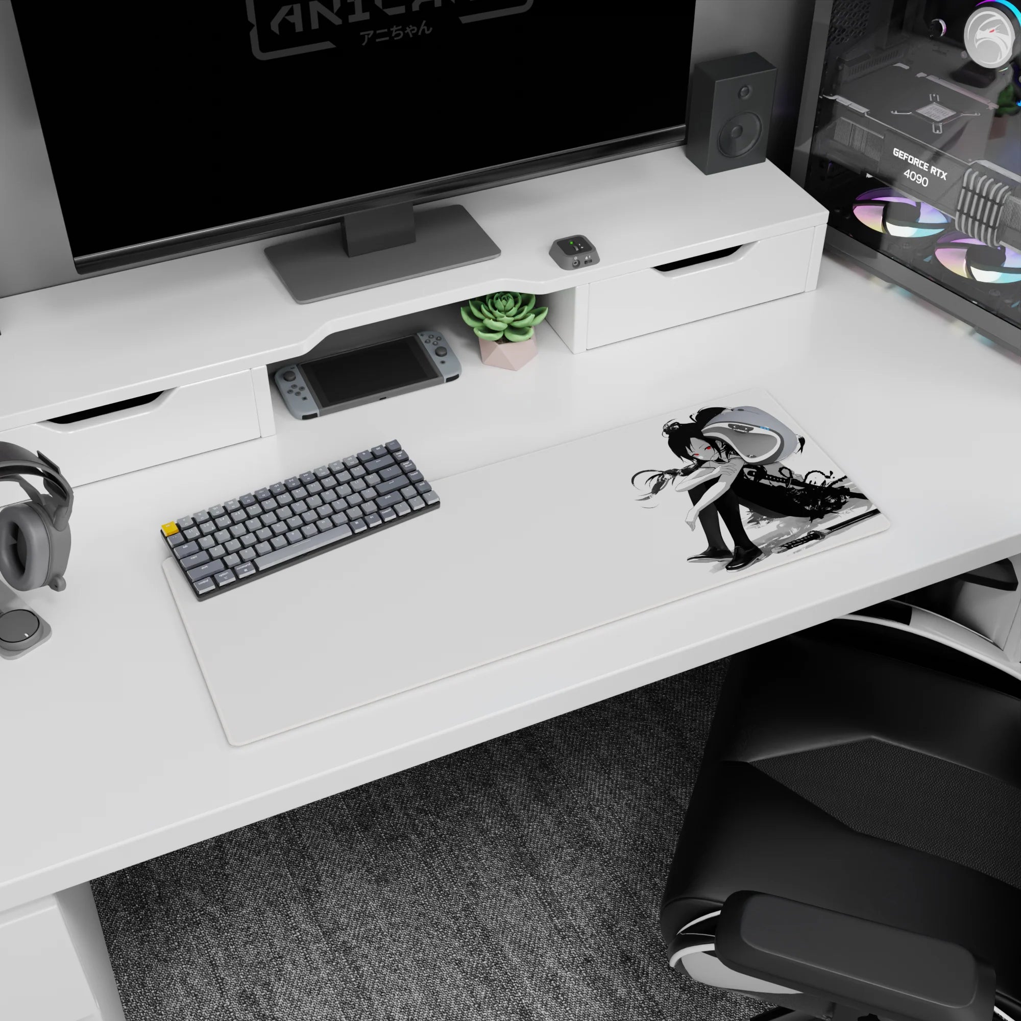 32x12 inches desk mat showing a black-haired red-eyed anime schoolgirl curled up beside a katana.