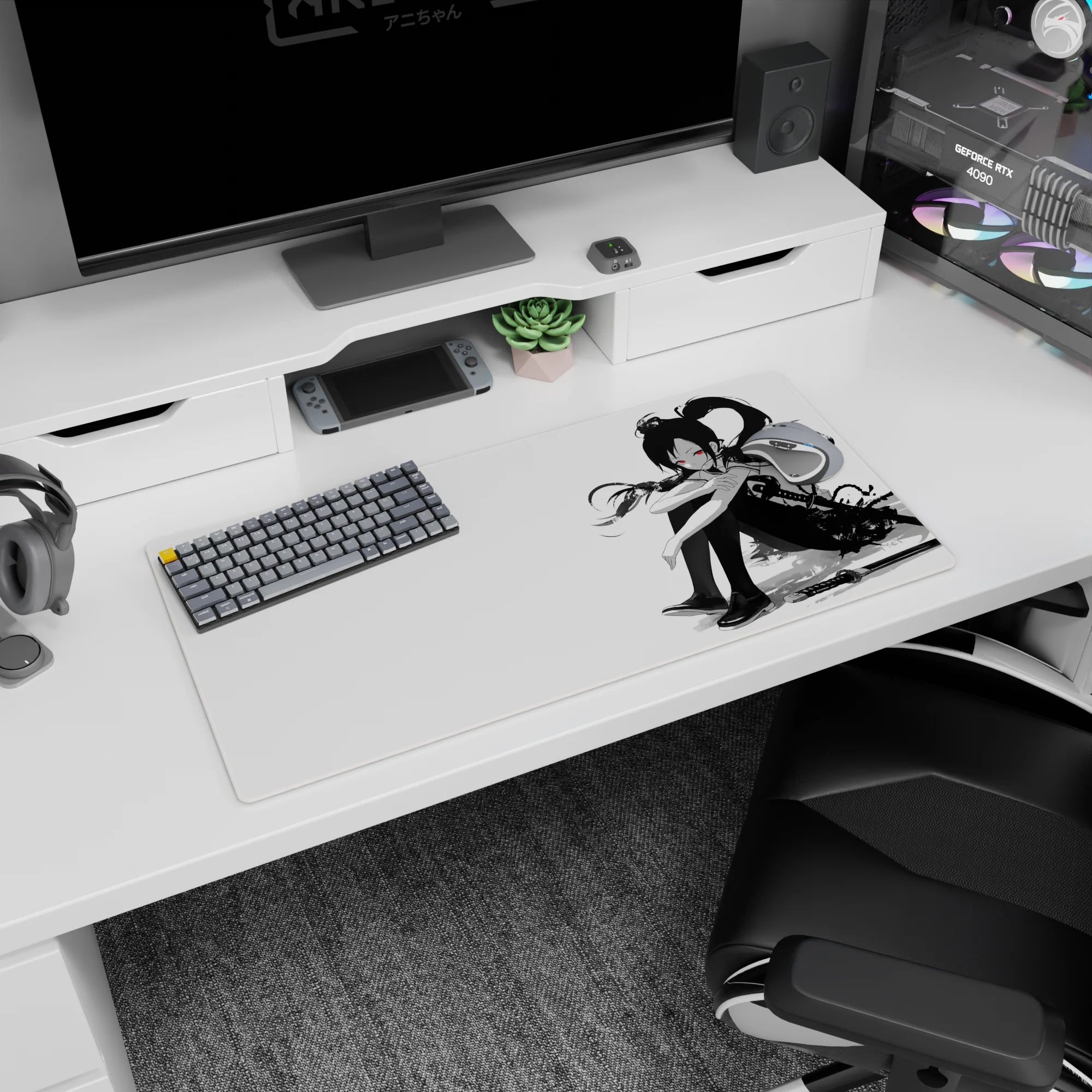 32x16 inches anime mouse pad showing black-haired red-eyed schoolgirl curled up, ponytail whipping, katana nearby.