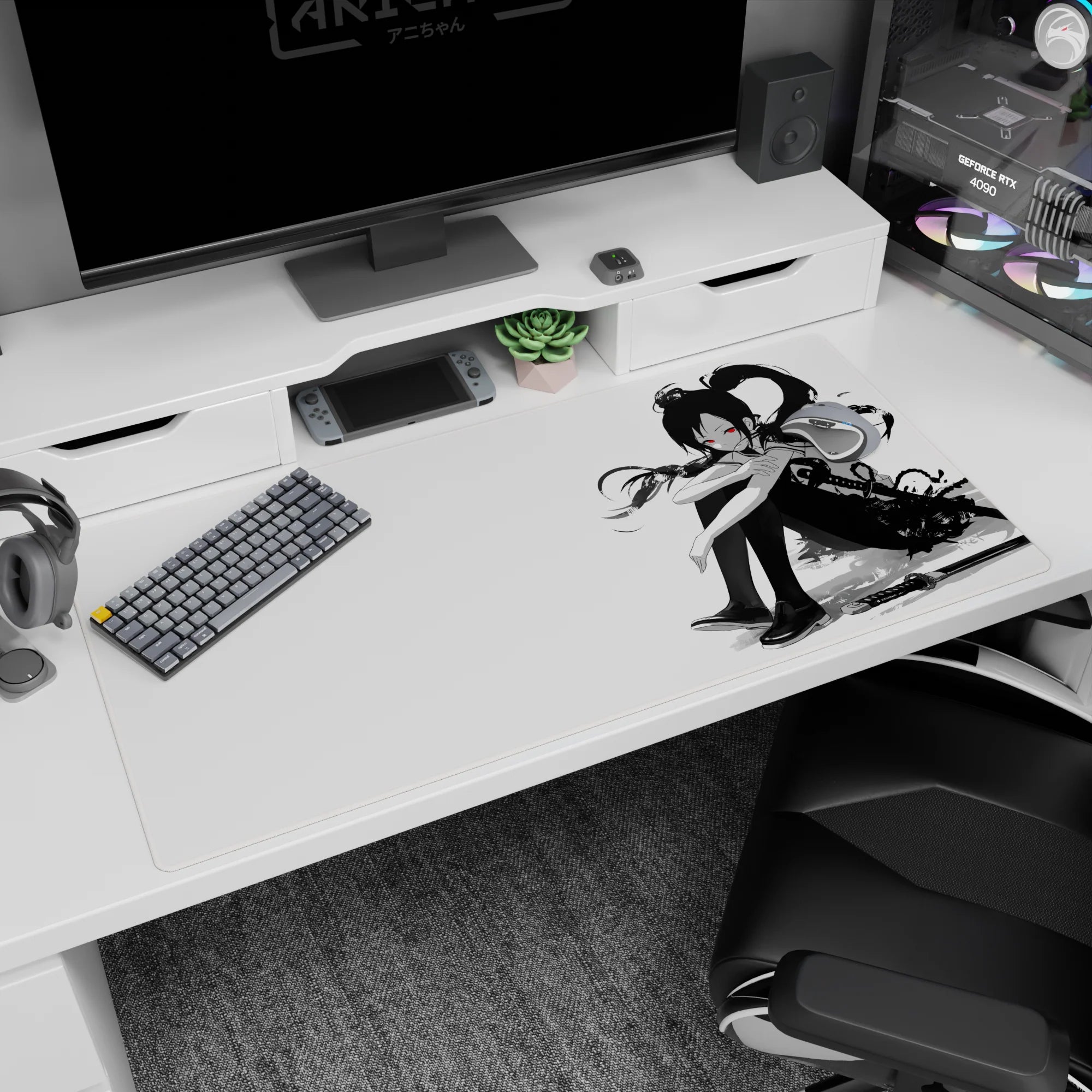 Curled-up black-haired anime schoolgirl with ponytail and nearby katana on a 40x20 inches desk pad.