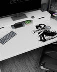 Curled-up black-haired anime schoolgirl with ponytail and nearby katana on a 40x20 inches desk pad.