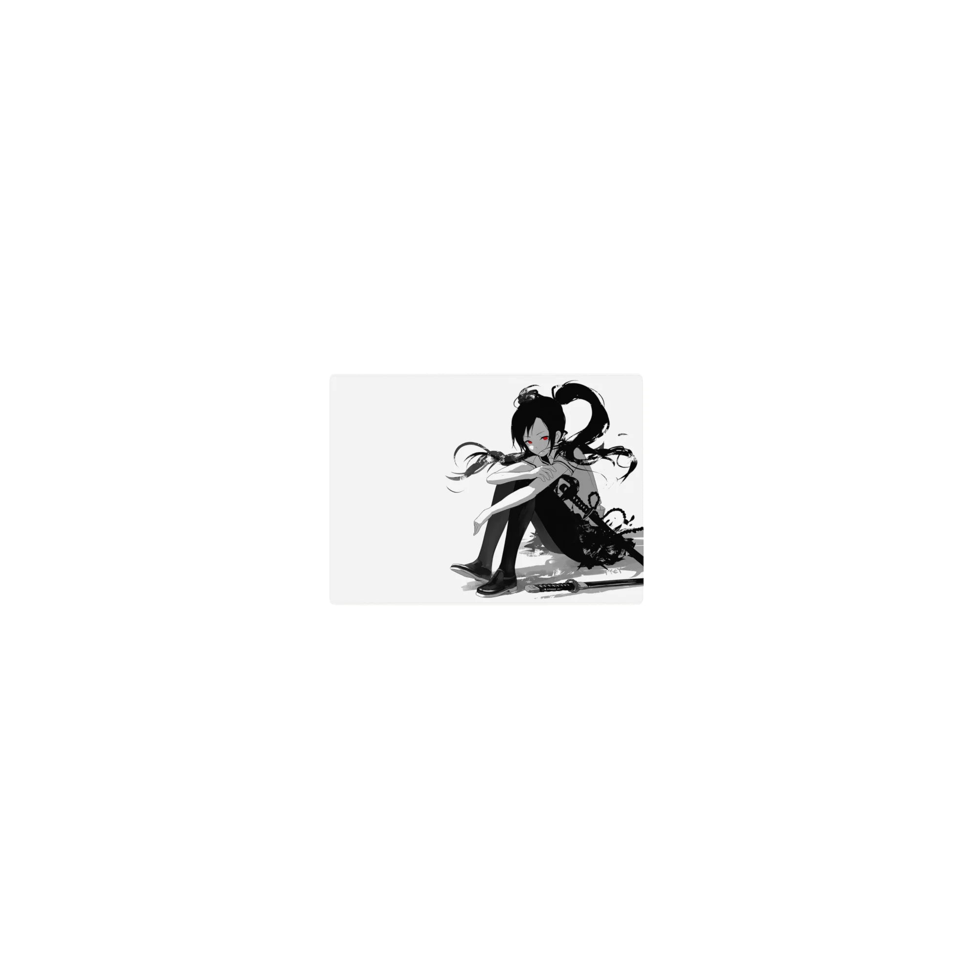 Classic anime girl mouse pad 14x10 inches with ink-wash splatter, katana accent, and school uniform pose.