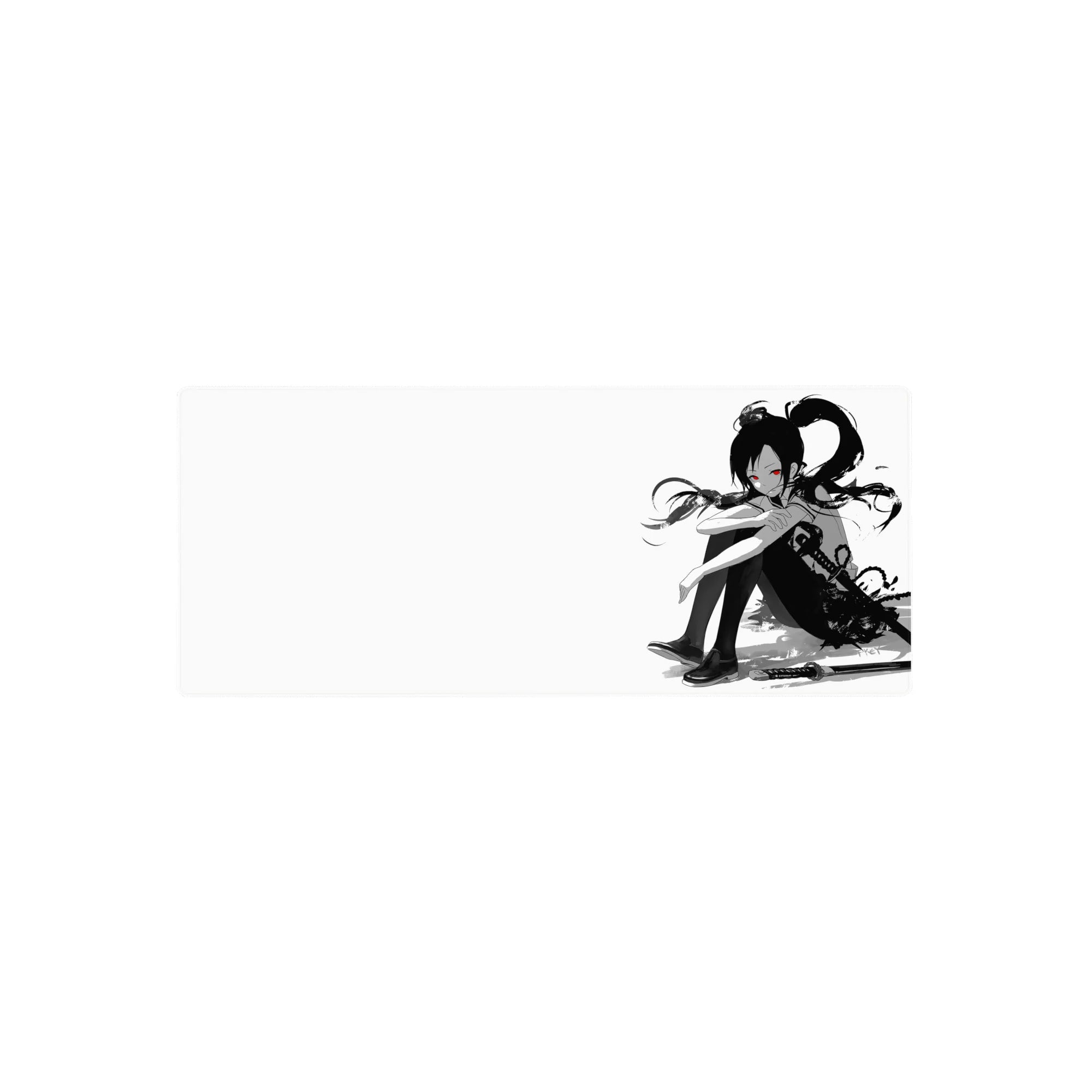 28x12 inches anime girl mouse pad with ink-wash splatter, katana detail, and curled schoolgirl pose.