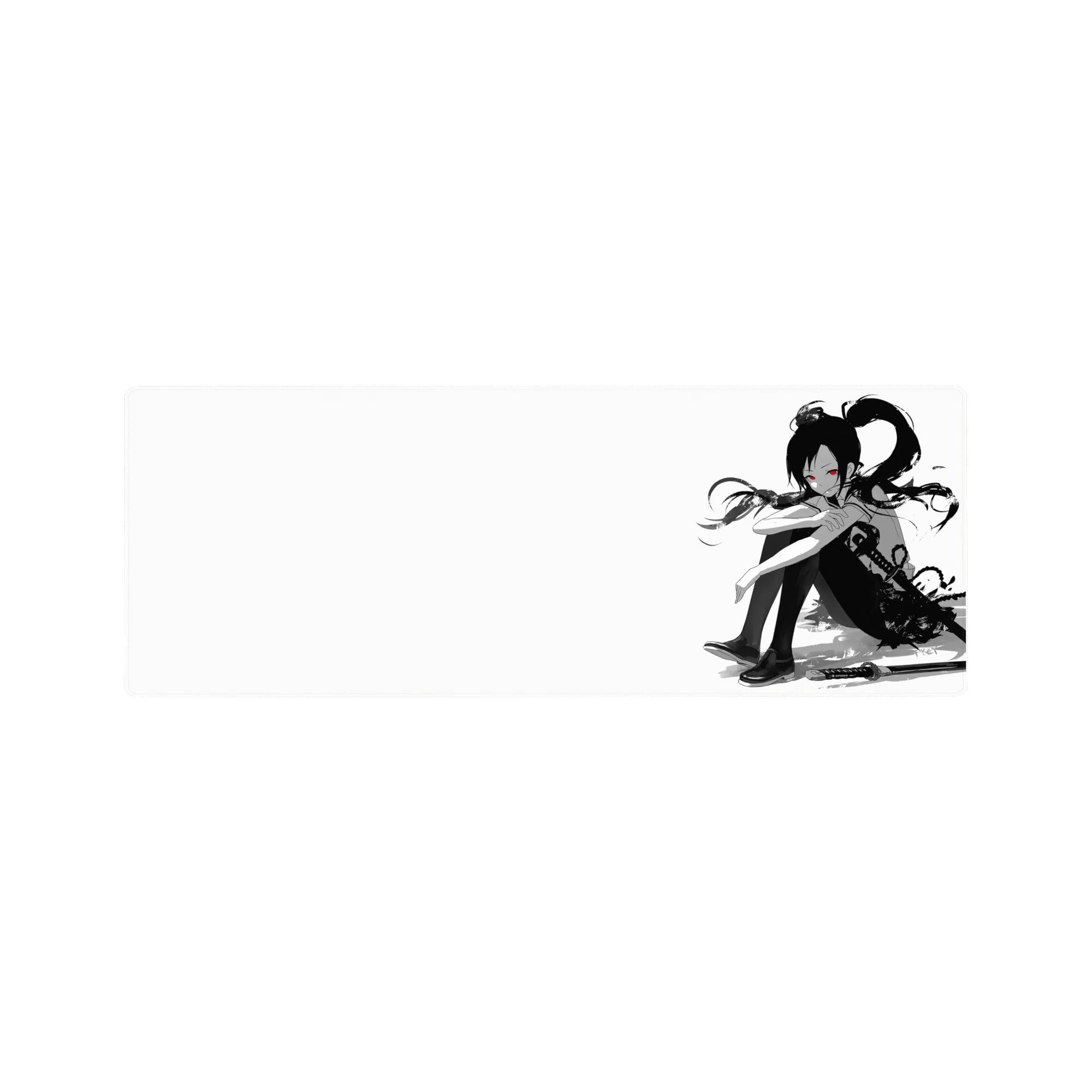 32x12 inches anime girl mouse pad with ink-wash splatter, katana accent, and school uniform on white.