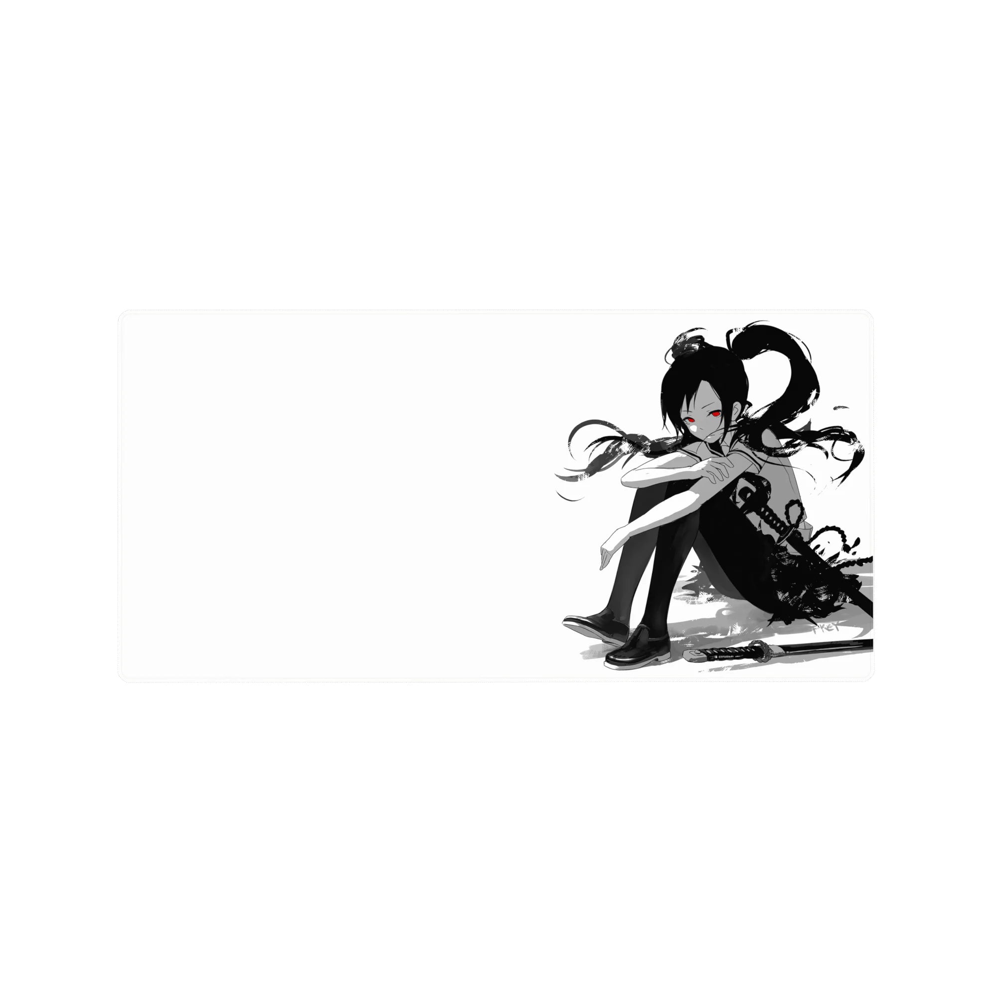 32x16 inches anime girl mouse pad with ink-wash splatter, curled schoolgirl, katana accent on white.