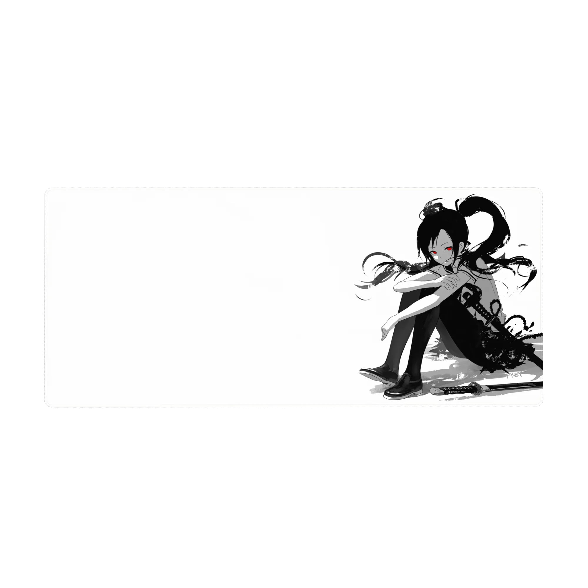 Anime girl desk pad 36x16 inches with ink-wash splatter art, katana detail, and clean school outfit.
